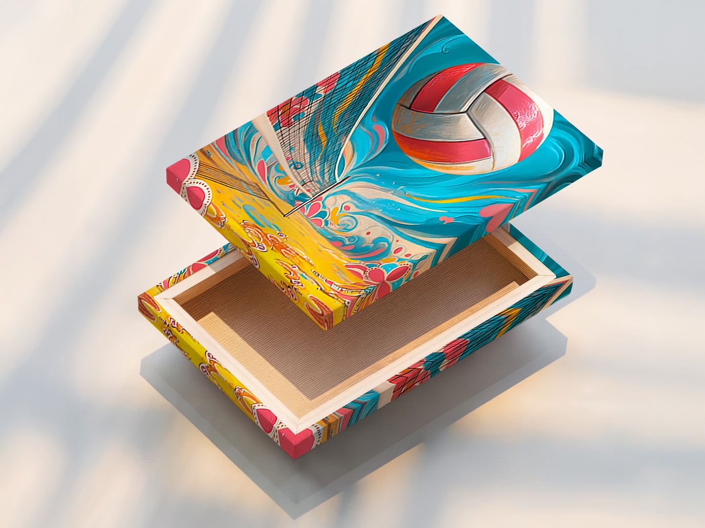 A stretched canvas print of volleyball beach artwork. This summer print is ready to hang. Perfect for teen room decor and coastal artwork. The stretched canvas provides a gallery-ready look.