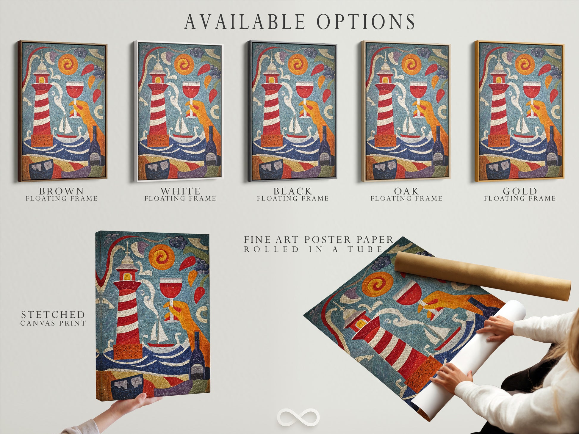 Available options for the nautical mosaic artwork. Choose from a stretched canvas print. Choose from a fine art poster paper. Choose from a floating frame. The lighthouse maritime art is customizable. This coastal decor fits any style. It is perfect for any home.