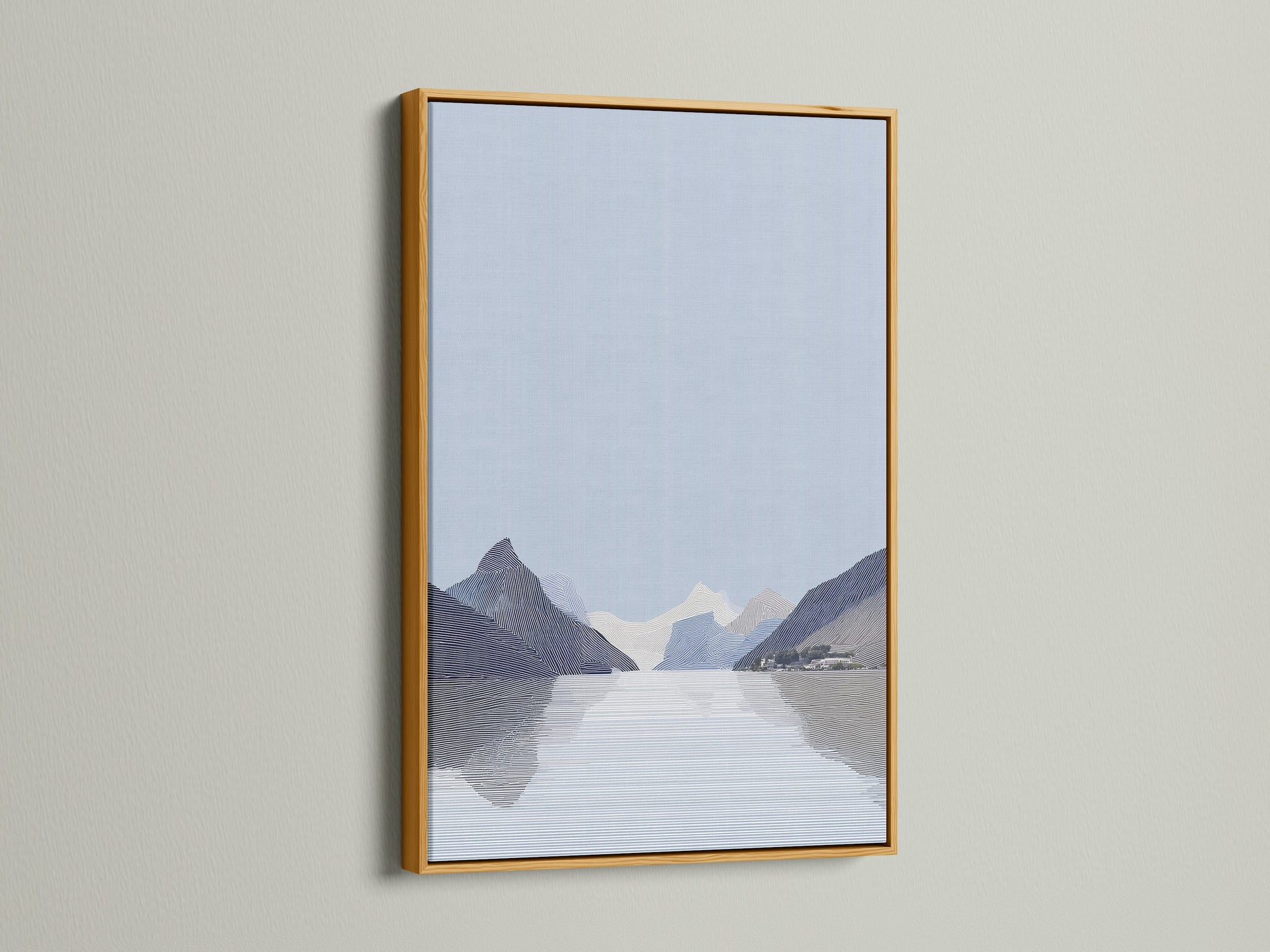 The landscape artwork is beautifully displayed in a gold frame. The gold frame adds a touch of luxury. It enhances the artwork's elegance. Browse our gold frame options. Transform your space with framed art.