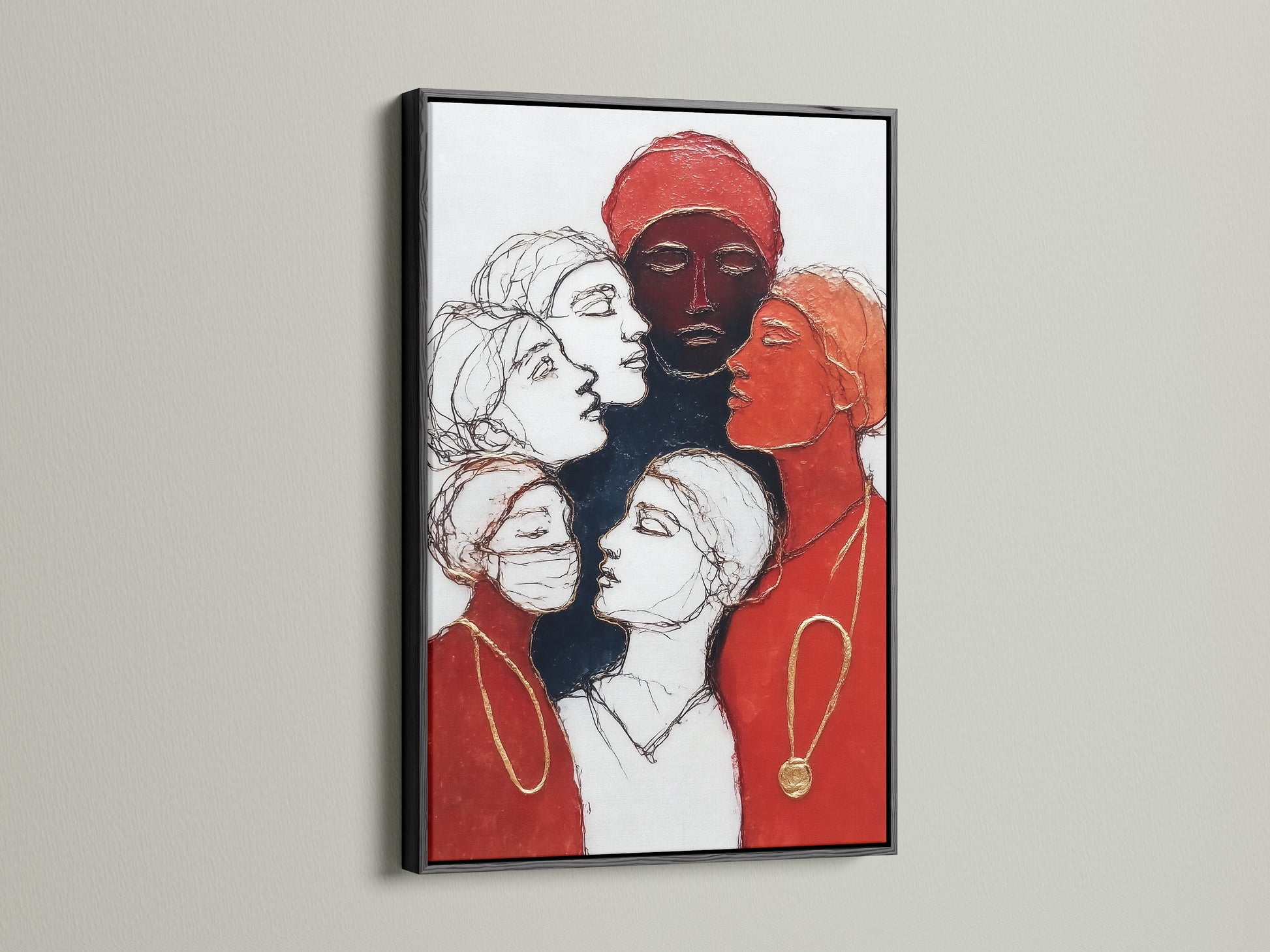 A black frame enhances women empowerment art. Diverse female portraits are printed on canvas. The red and black contemporary artwork is suitable for urban settings. It complements minimalist and eclectic styles. This artwork inspires unity and strength.