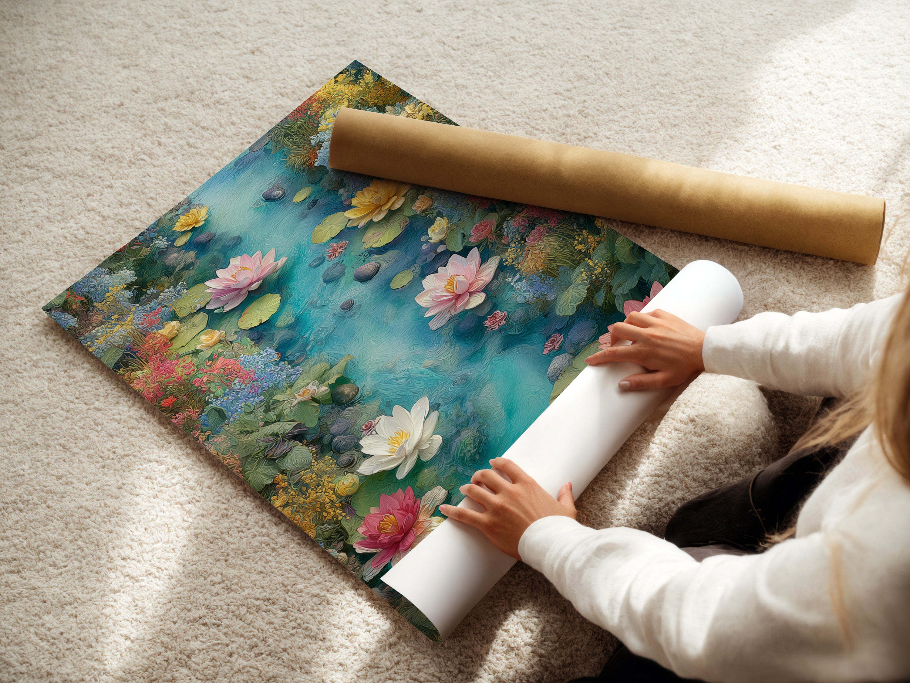 A woman carefully rolling a fine art poster paper featuring the Water Lily artwork. This botanical print is perfect for adding a touch of nature to any room. Ideal for creating a tranquil and serene atmosphere.