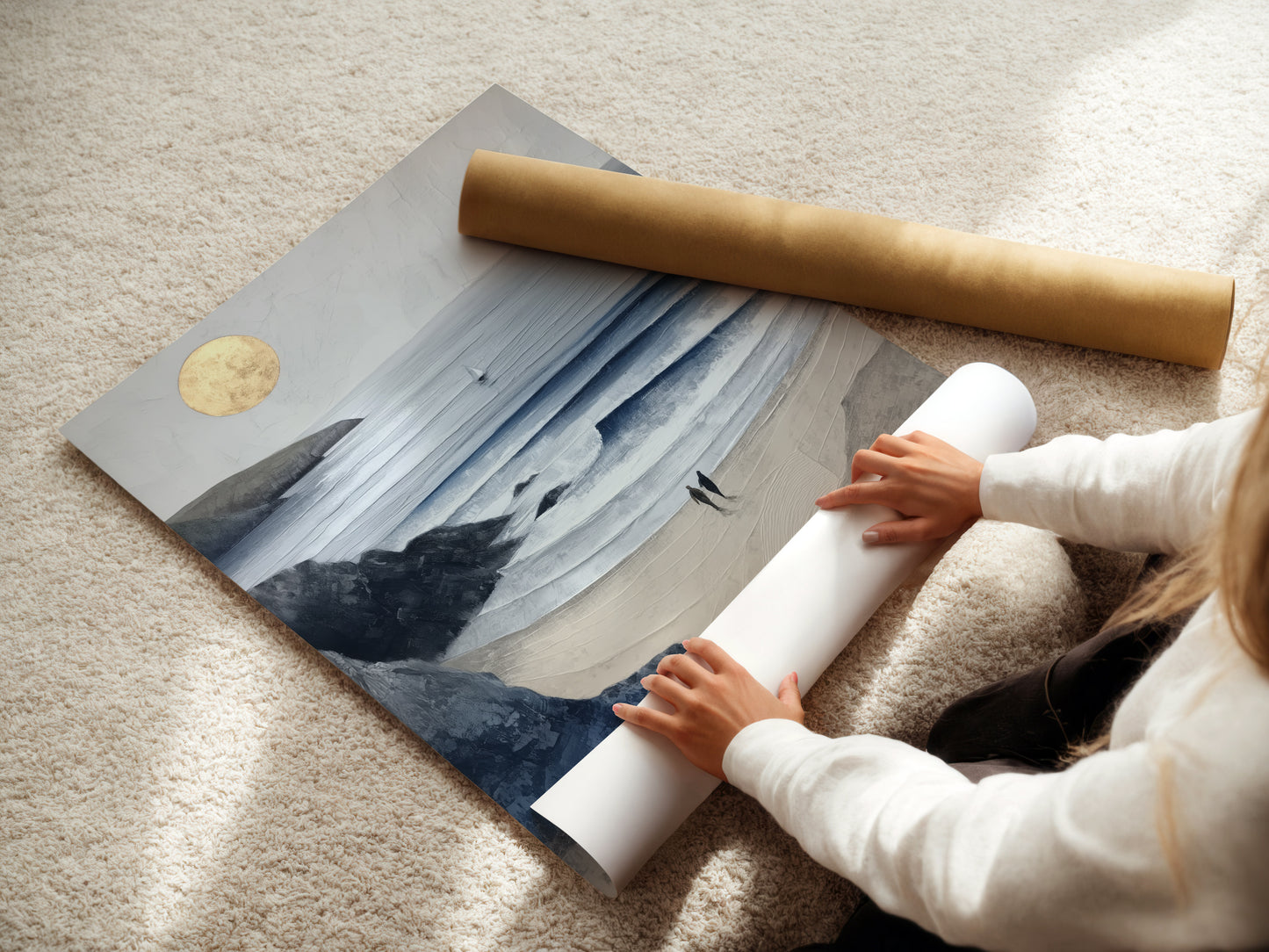 A woman carefully rolls a fine art poster paper. High-quality materials ensure a lasting coastal artwork. Perfect for creating stunning seascape prints. Fine art paper brings out the best in ocean canvas artwork.