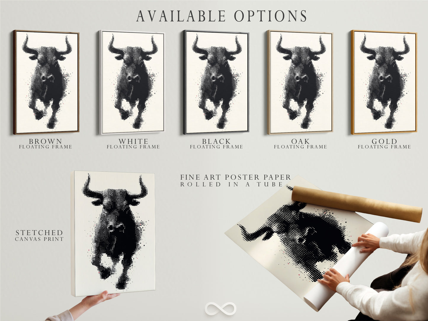 Explore the available options for this bull artwork. Choose between a stretched canvas print a fine art poster paper or a floating frame. Each option offers a unique look and feel. Customize your artwork to perfectly match your style. Find the perfect format to enhance your wall decor. Discover the possibilities today.