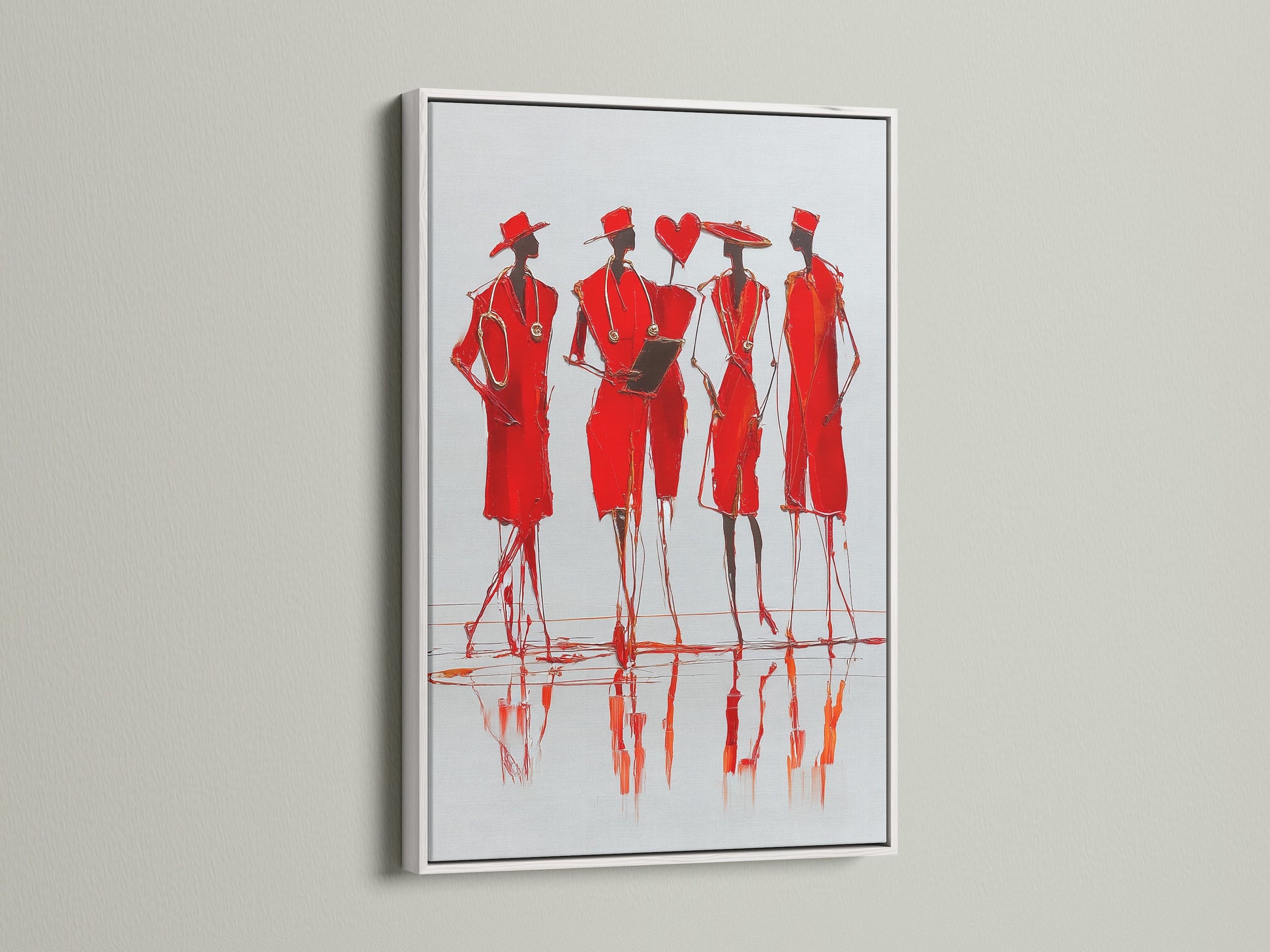 Red Fashion Sketch Art in a white frame. The contemporary figure drawing is a canvas print. The modern fashion wall art brings a clean aesthetic to any space. Perfect for clinics or offices.