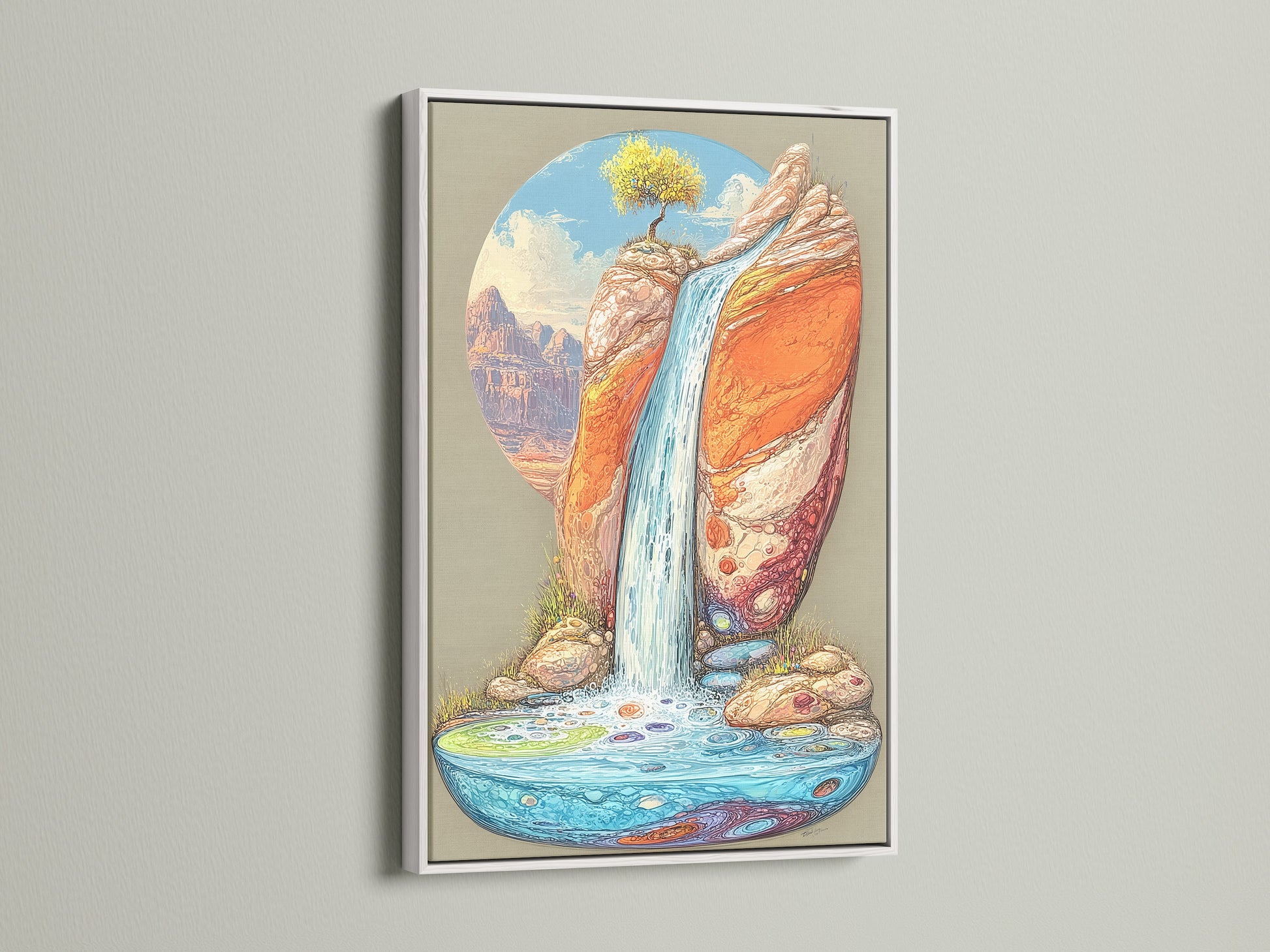 A desert waterfall artwork is elegantly framed in white. This nature canvas print brings the beauty of a canyon landscape into your home. Enhance your bedroom or office with this southwestern art. It is ideal for adding a boho touch to your wall decor.