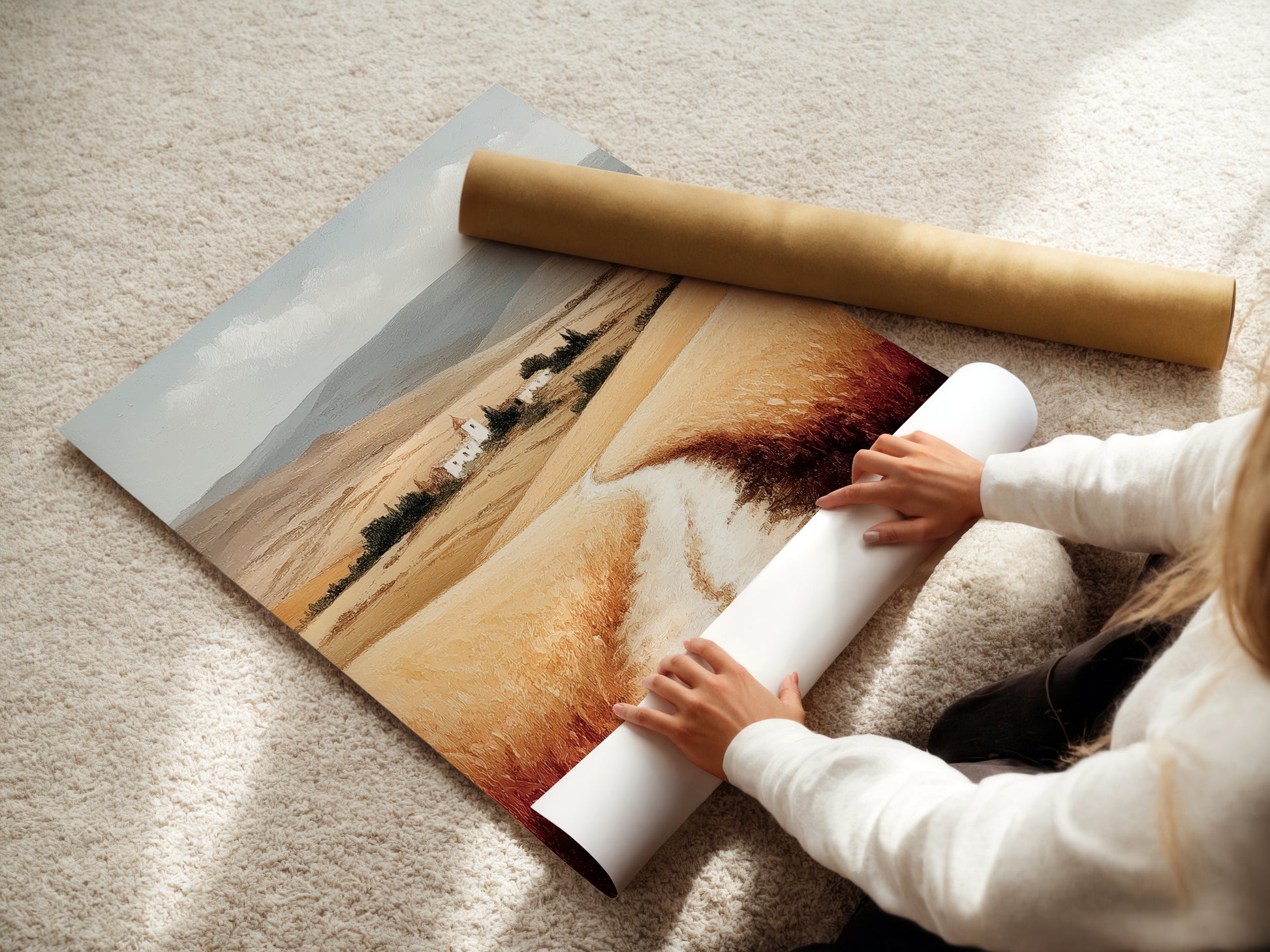 A woman is carefully rolling a fine art poster paper featuring a Tuscan Landscape. This Italy art print is perfect for farmhouse decor. The neutral tone art captures the Italian scenery. Featuring wheat field art this piece adds a touch of Europe to your walls. Ideal for rustic wall art.