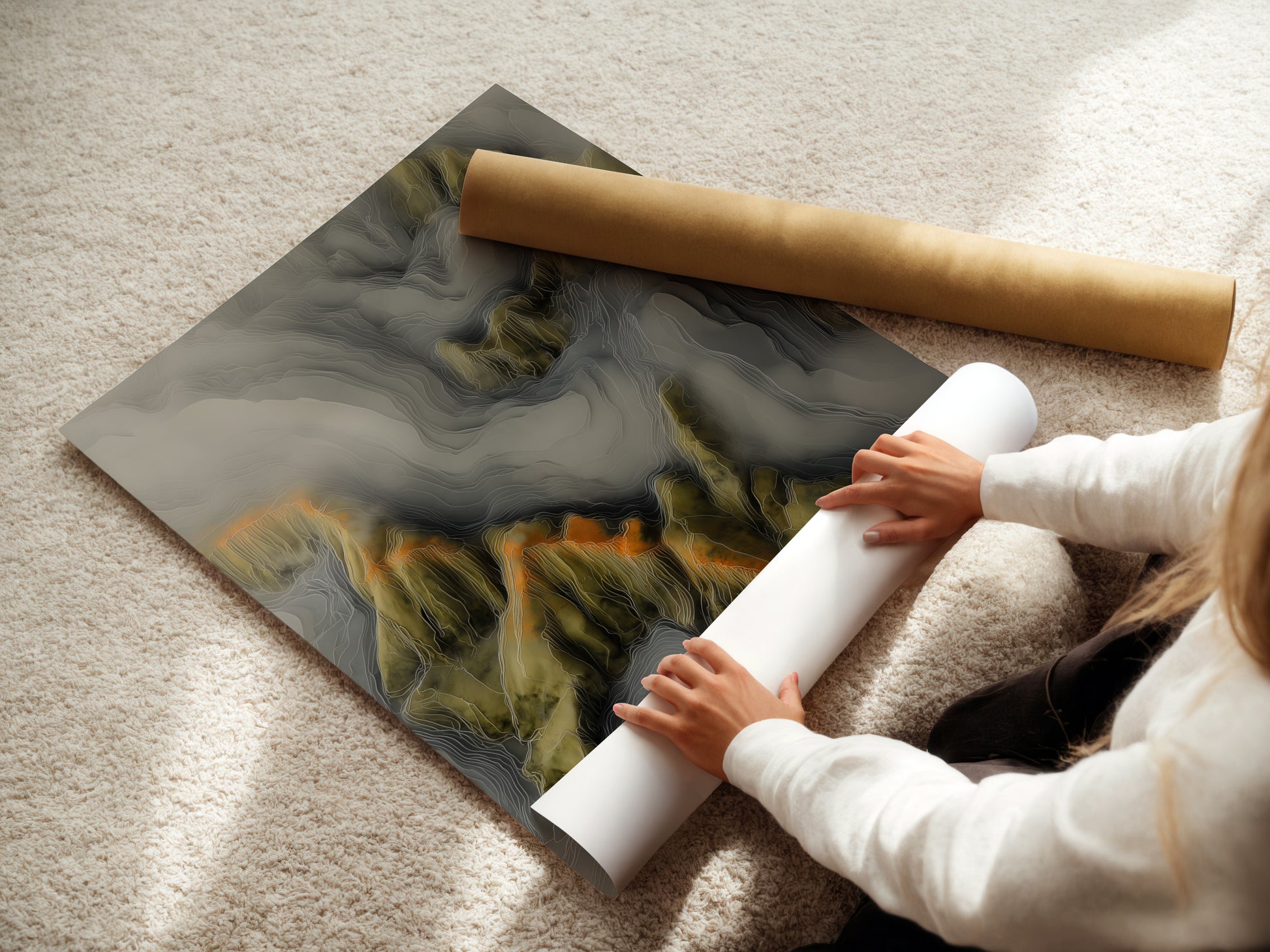 A woman is carefully rolling a fine art poster paper. The poster paper is high quality. It is ready for framing. This image shows the care taken in preparing the artwork. It shows it for display. The process ensures the artwork arrives in perfect condition.