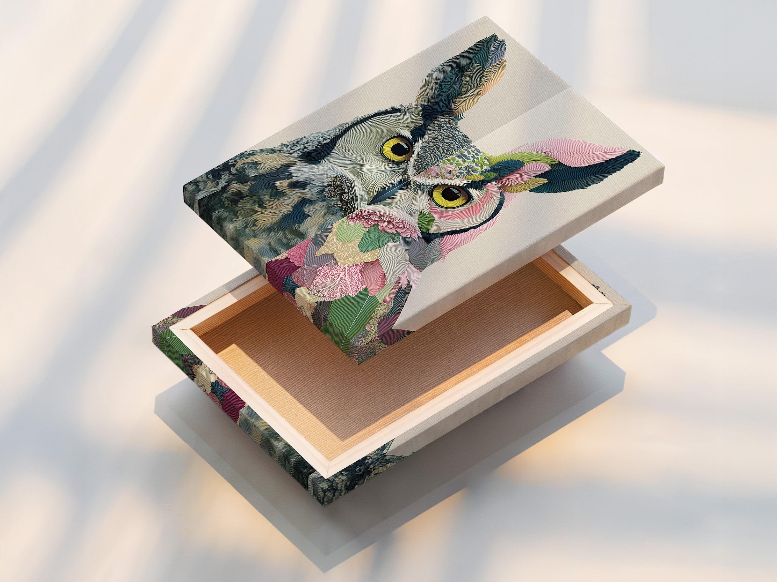 A stretched canvas print of the colorful owl artwork is displayed. The canvas print is ready to hang. This botanical animal artwork will transform your space. Perfect for nurseries or living rooms.