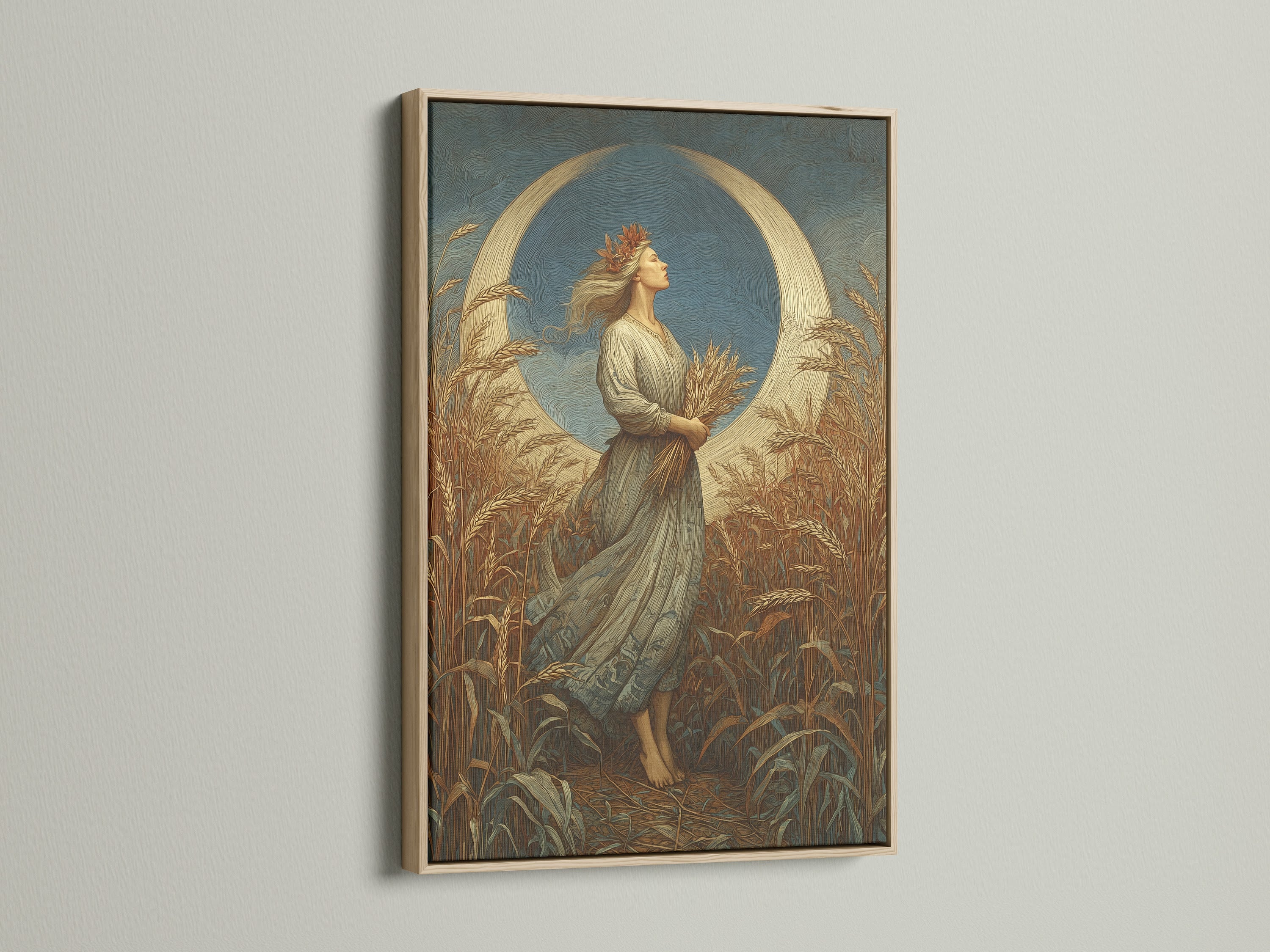 Artwork in an oak frame is displayed. The oak frame adds warmth and character to the artwork. This frame enhances any interior setting. Discover the beauty of oak-framed art. Elevate your home decor with framed art.