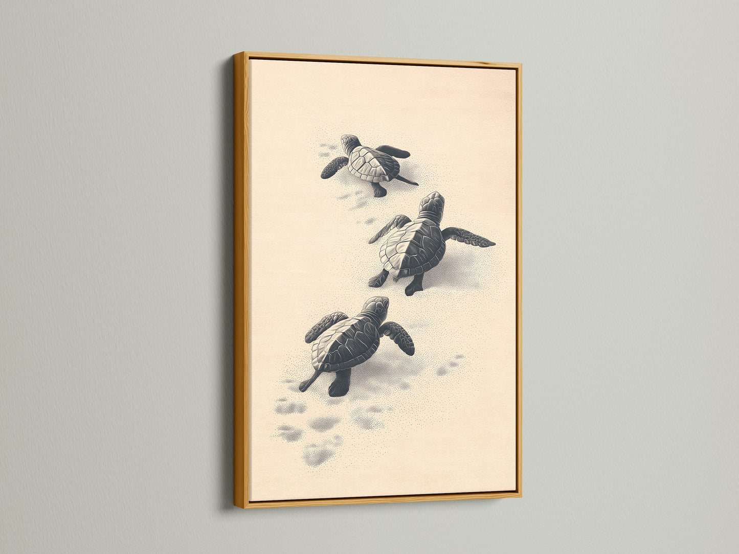 This ocean canvas art features baby turtles in a gold frame. The gold frame adds a touch of elegance to this coastal artwork. It is perfect for adding a nautical theme to your living room.