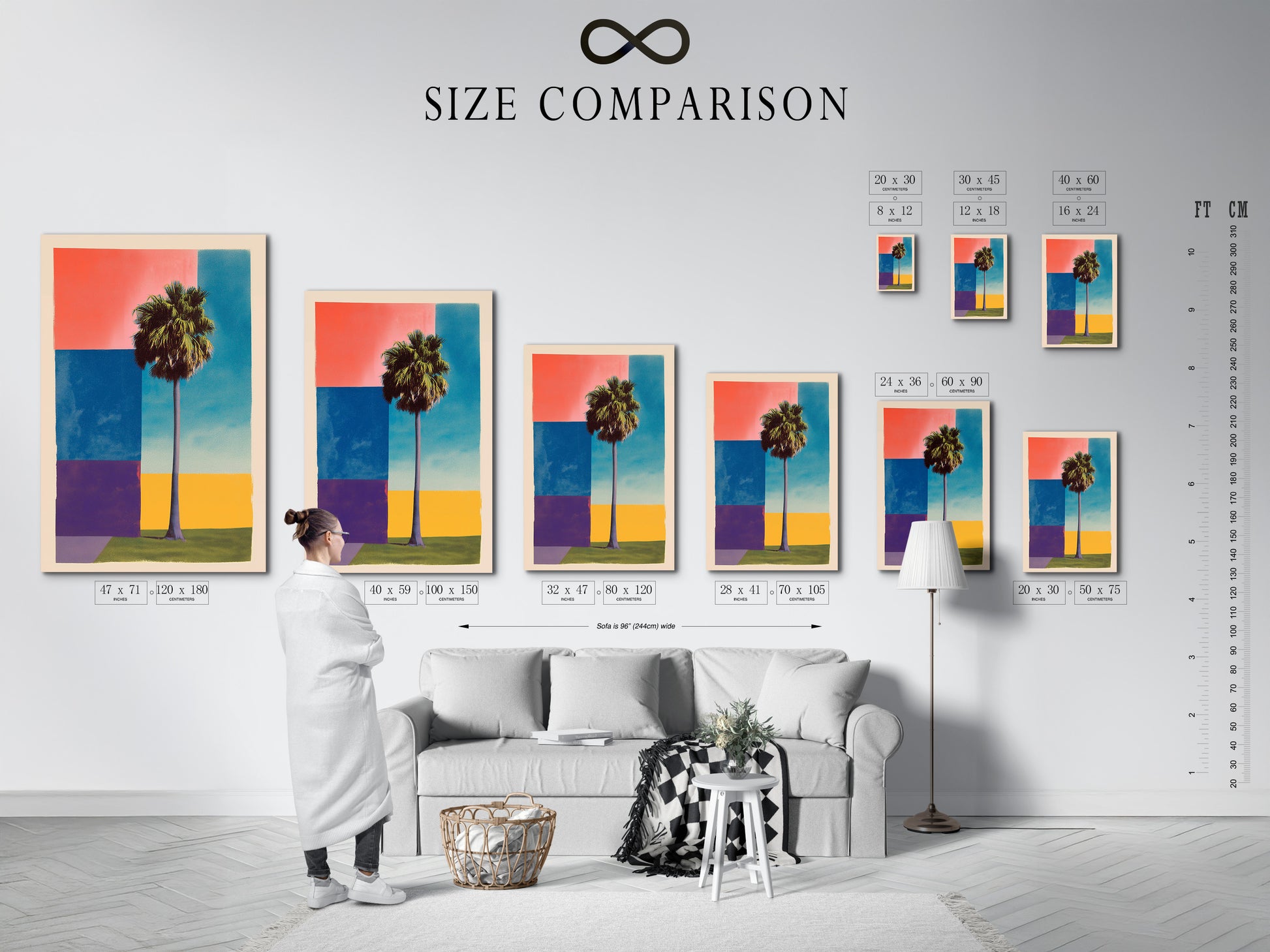 Size comparison chart displayed in an interior setting. See how different art sizes look in a room. Visualize the impact of various artwork dimensions. Choose the perfect size for your space. Explore our range of artwork sizes.