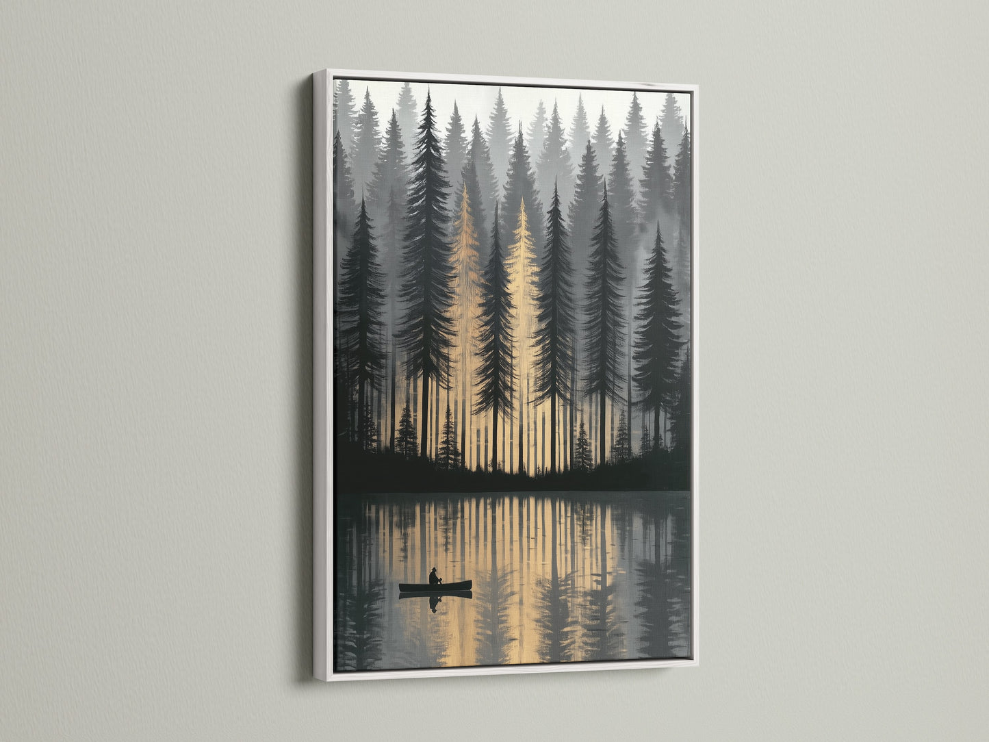 The forest canvas art features a white frame adding a modern touch to nature wall art. The reflection print showcases a canoeing scene in a golden hour glow. It's a peaceful artwork choice for tranquil decor in any room. This lake art print is ideal for minimalist styles.