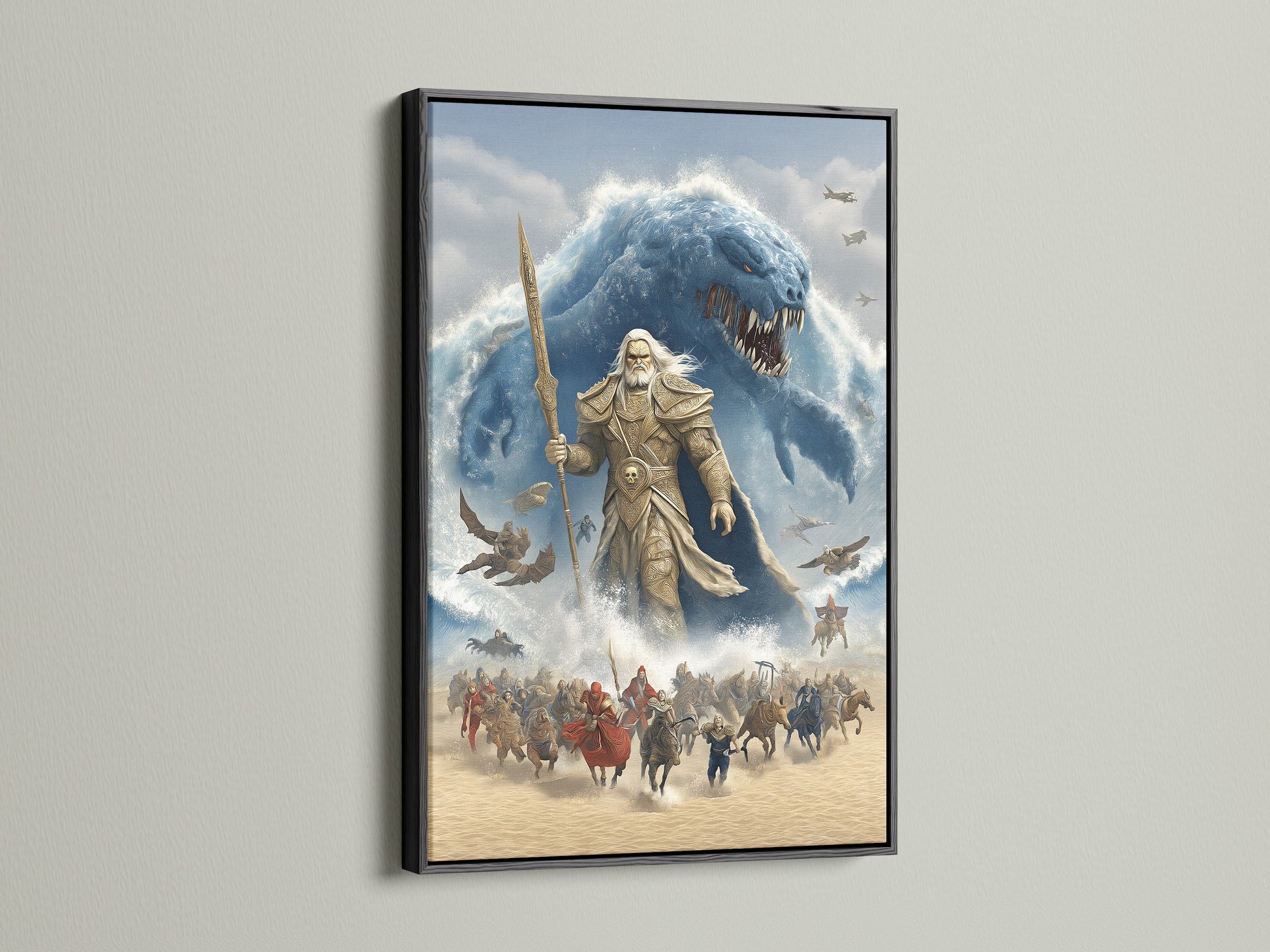 Poseidon Sea God Canvas Print displayed in a sleek black frame. This Norse Mythology Wall Artwork adds a contemporary touch to any space. Ideal for military personnel fantasy art collectors or gamers seeking unique wall art.
