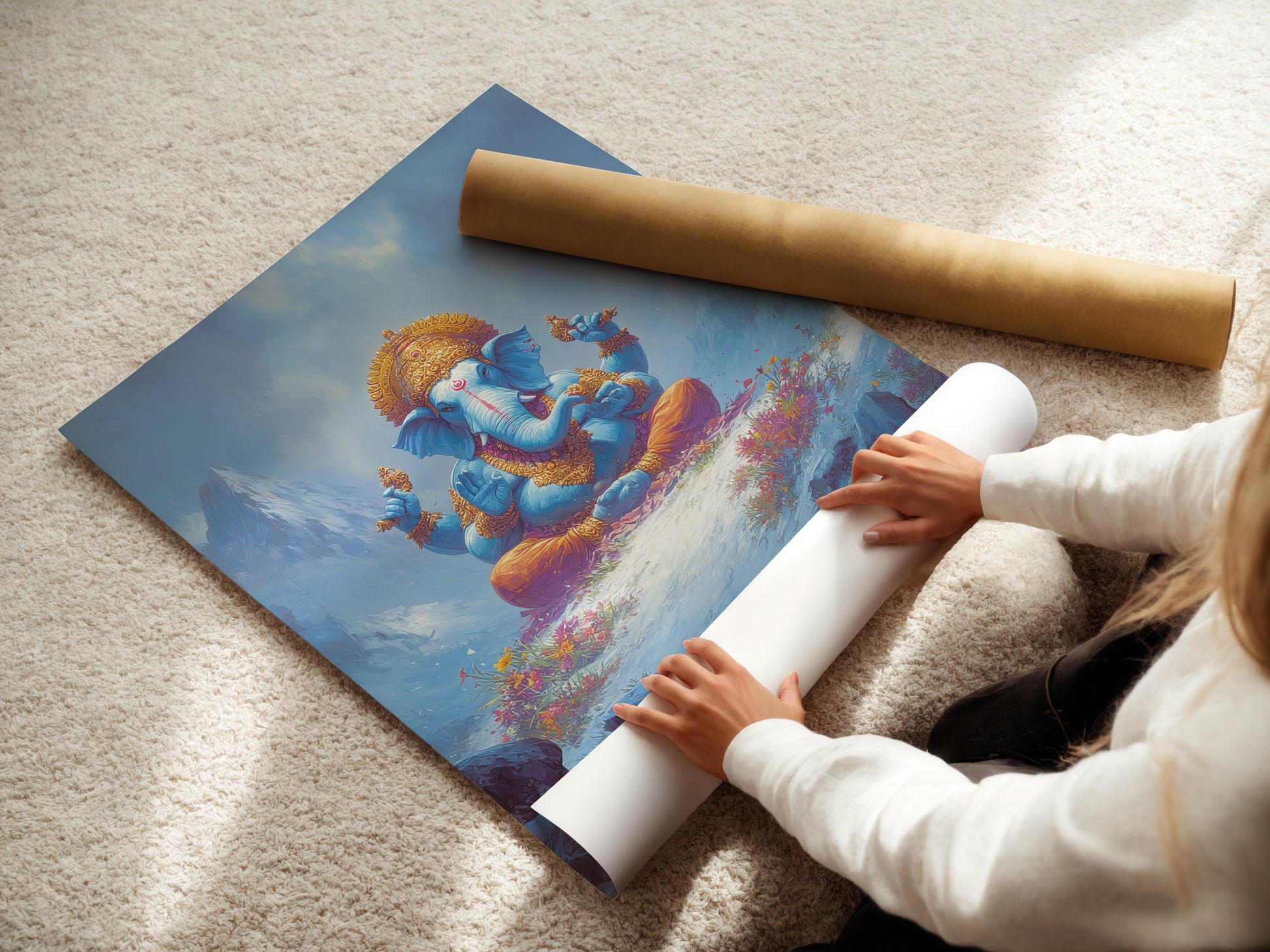 A woman is carefully rolling a fine art poster paper. The paper features the Ganesha artwork. This poster is ideal for framing. Enhance your meditation room with spiritual art. Perfect for yoga studio decor as well.