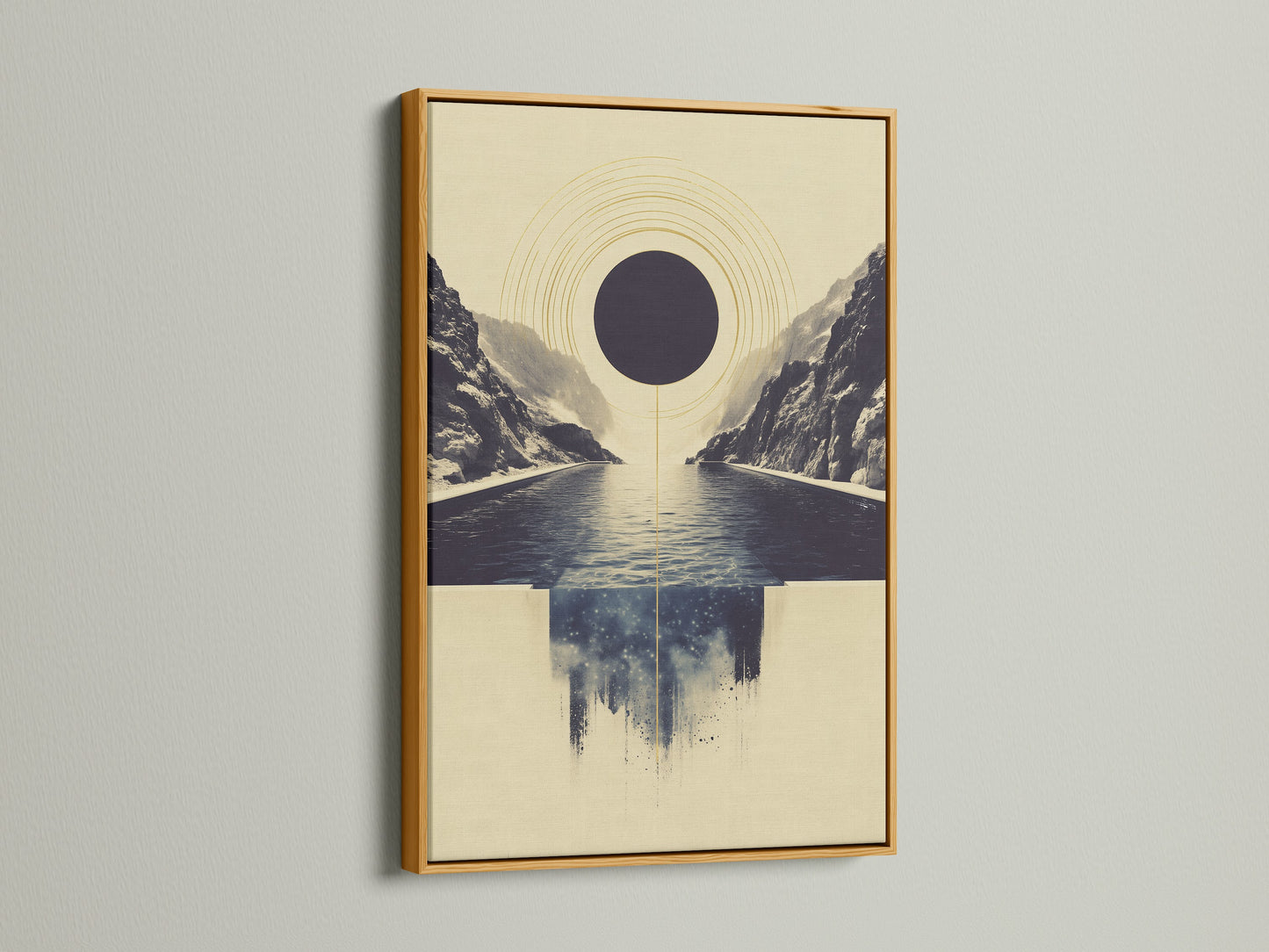 Abstract Infinity Pool artwork in a gold frame. The gold frame adds a touch of luxury and elegance. This geometric seascape creates a focal point. Perfect for contemporary art lovers. Enhance your space with this calming art print. It makes a statement in any room.