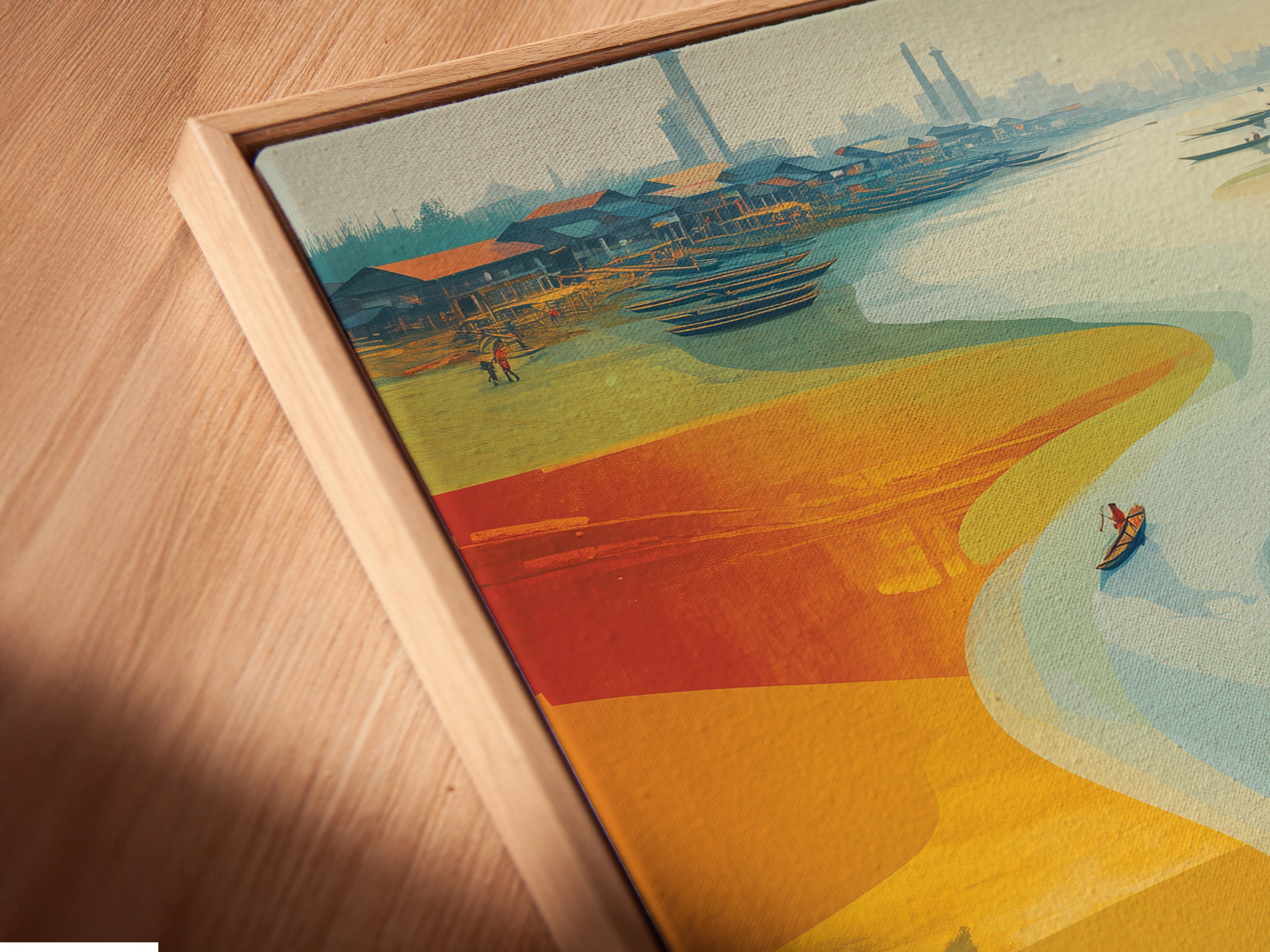 This is a close-up of canvas art in a floating frame. The frame gives a contemporary look. It showcases the art without distraction. A floating frame adds depth. It highlights the artwork's details.