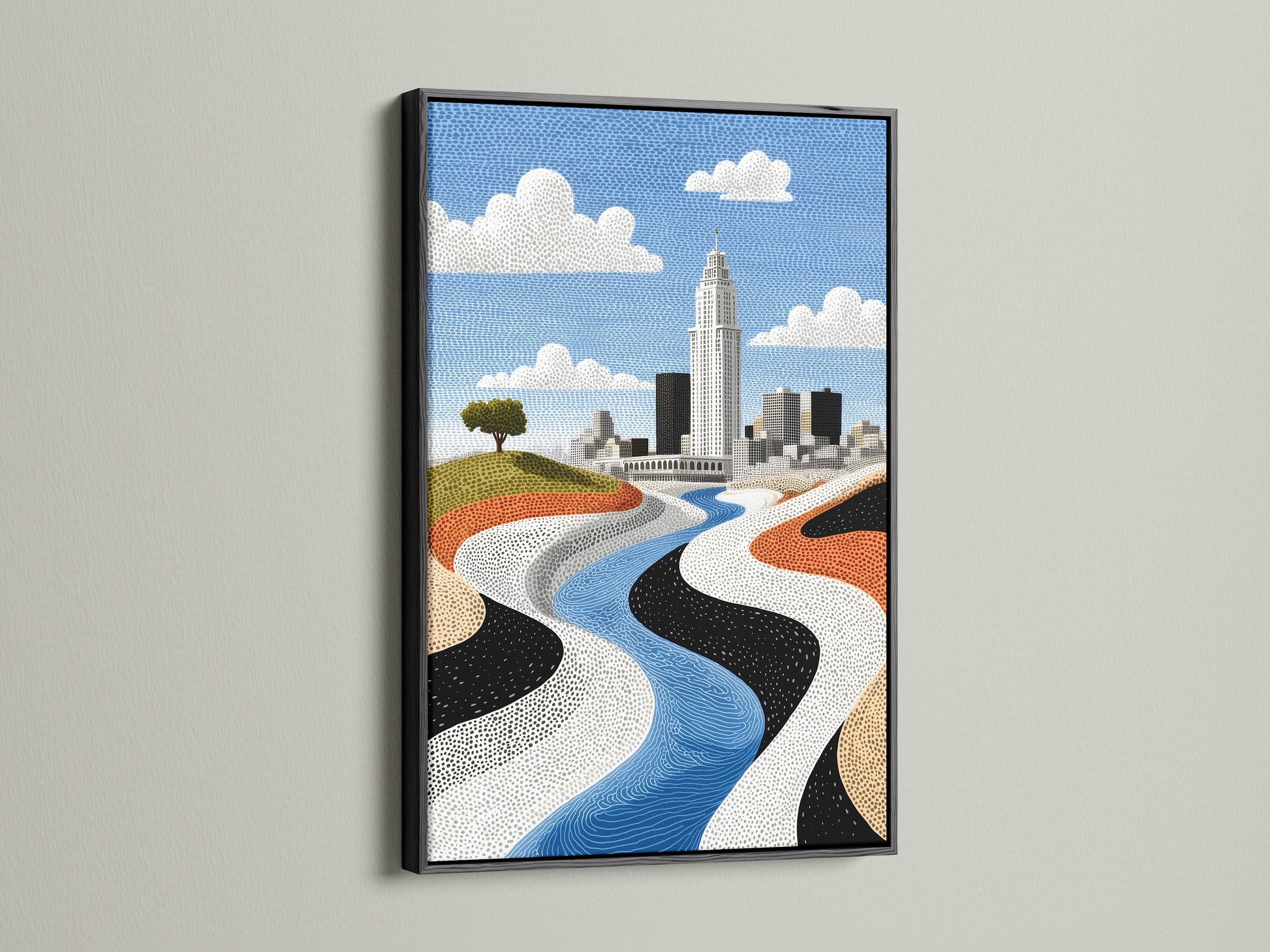 The black frame showcases a city skyline artwork. It features a modern river landscape. This urban abstract print is a stylish choice for office wall decor. The artwork complements contemporary styles.