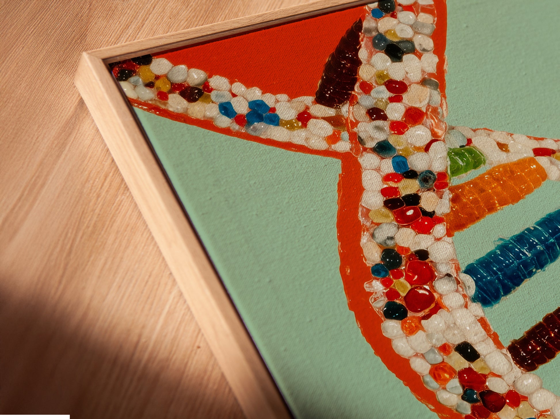 Angled close up of a canvas print in a floating frame. The art is ideal for modern spaces. The floating frame enhances the nerdy wall art. Perfect for homeowners apartment dwellers and interior stylists. This DNA Structure Canvas Print complements minimalist aesthetics.