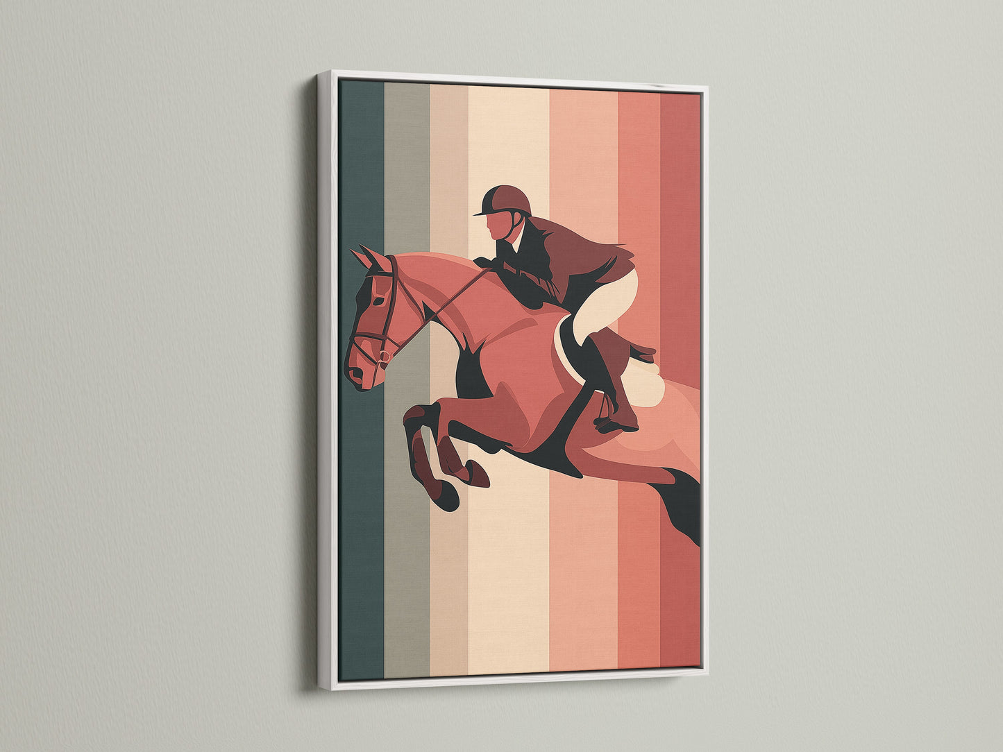 A white frame enhances this art piece. The white frame offers a clean and modern look. The featured artwork shows a horse and rider jumping. The frame enhances the artwork beautifully. Ideal for a minimalist or contemporary space.