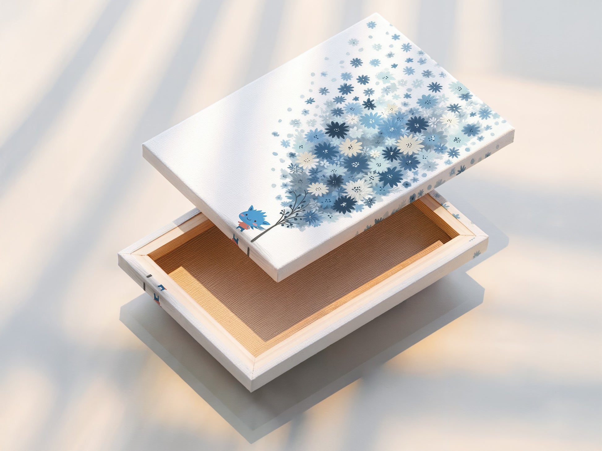 A stretched canvas print displays the blue floral artwork. The pastel botanical art is vibrant and ready to hang. The whimsical flower tree art is perfect for adding a playful touch to a nursery. This canvas print brings a modern and artistic touch.