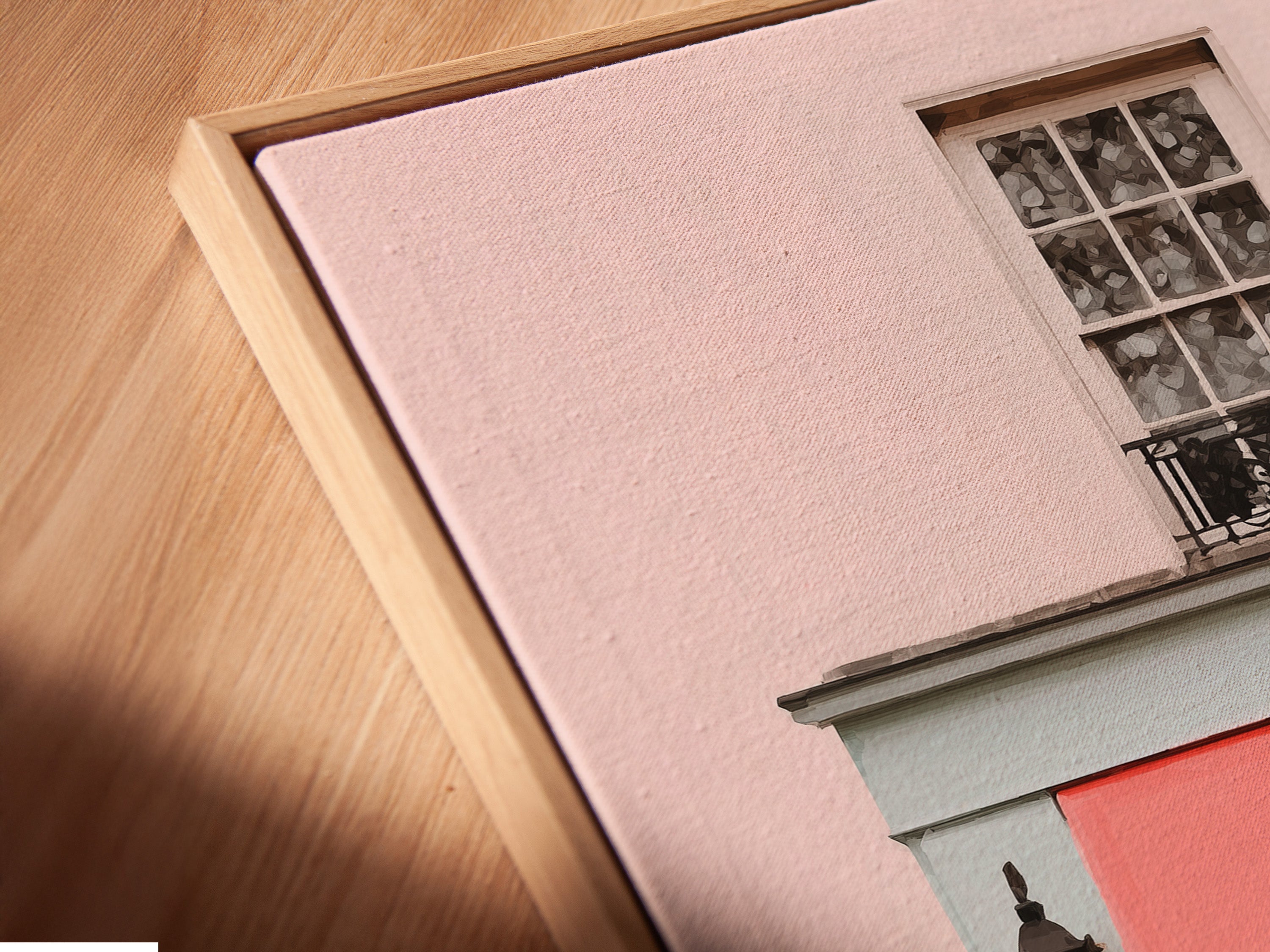 A close-up angled view reveals a canvas print in a floating frame. The artwork showcases a detailed image. The floating frame adds depth and dimension. The print seems to hover within the frame. This modern framing option enhances the artwork. It creates a sophisticated display. Perfect for contemporary spaces.