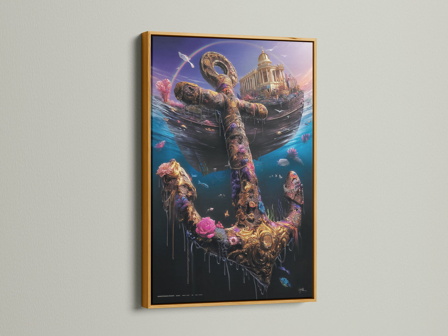 This image showcases an underwater anchor artwork in a gold frame. The nautical print displays a sunken ship and a golden anchor adorned with flowers and sea life. This coastal decor piece adds a touch of luxury and elegance to your home. Perfect for a nautical gift.