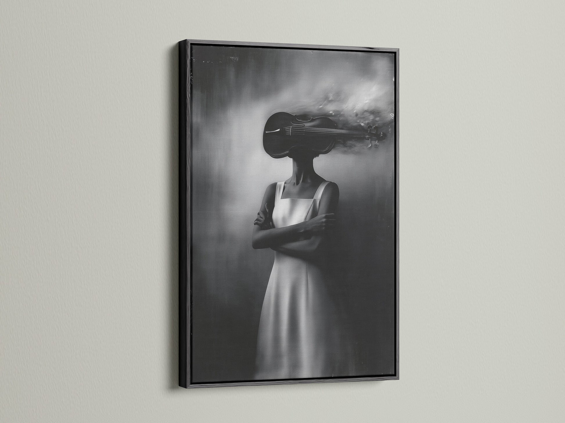 See the surreal woman canvas print in a black frame. The double exposure art creates a unique piece. This black and white wall art adds a modern touch. Ideal for music lovers and bedroom wall art
