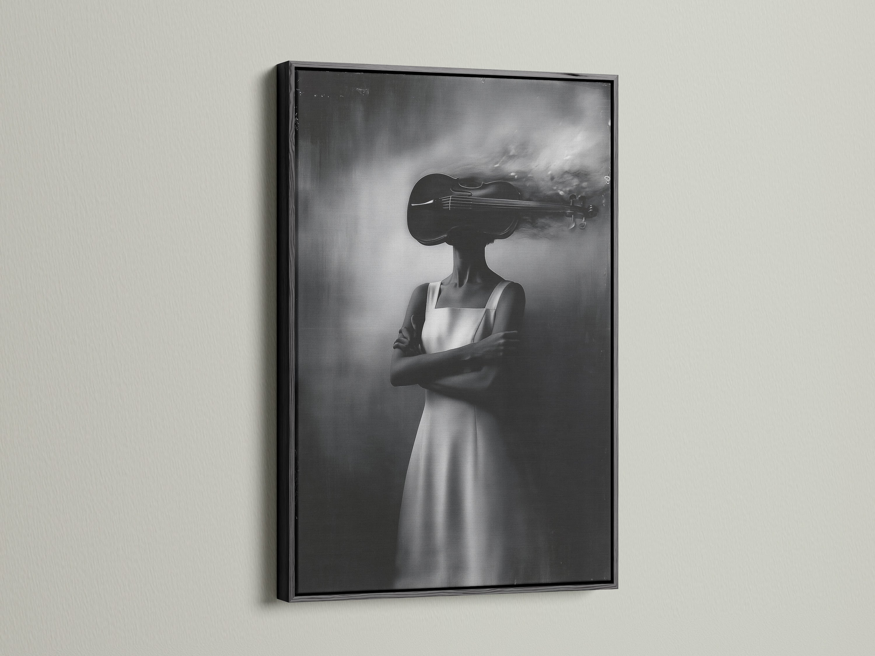 See the surreal woman canvas print in a black frame. The double exposure art creates a unique piece. This black and white wall art adds a modern touch. Ideal for music lovers and bedroom wall art