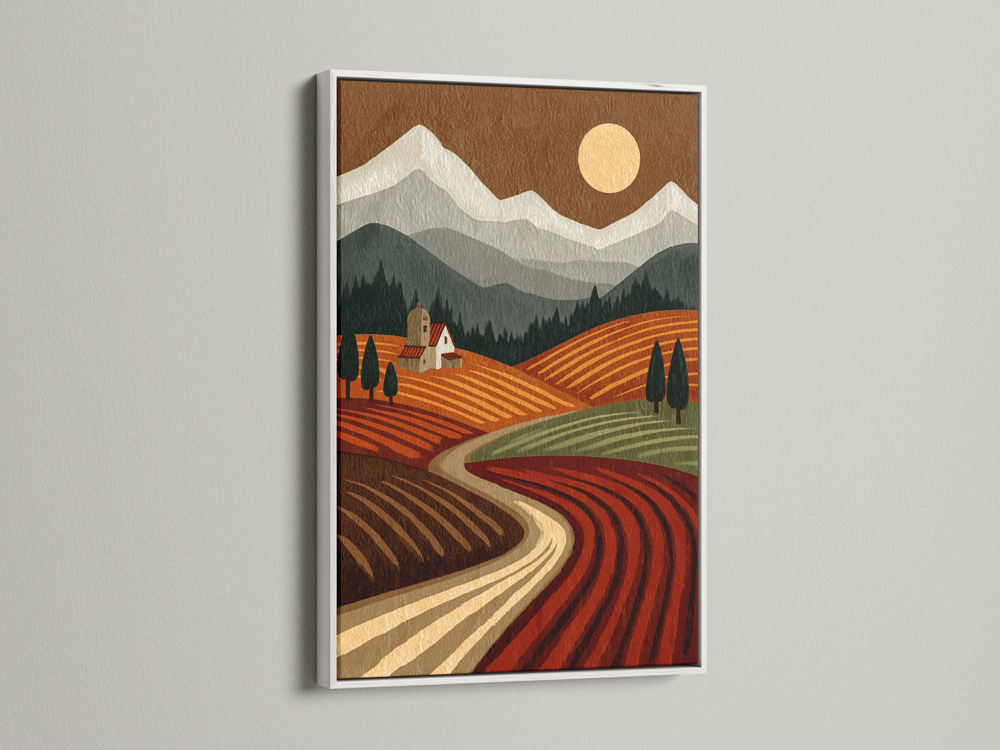Tuscany Landscape artwork with a white frame. This rustic wall decor adds charm to studios. It is ideal as farmhouse art in lobbies and clinics. The harvest fields art brings a rural landscape to boardrooms.