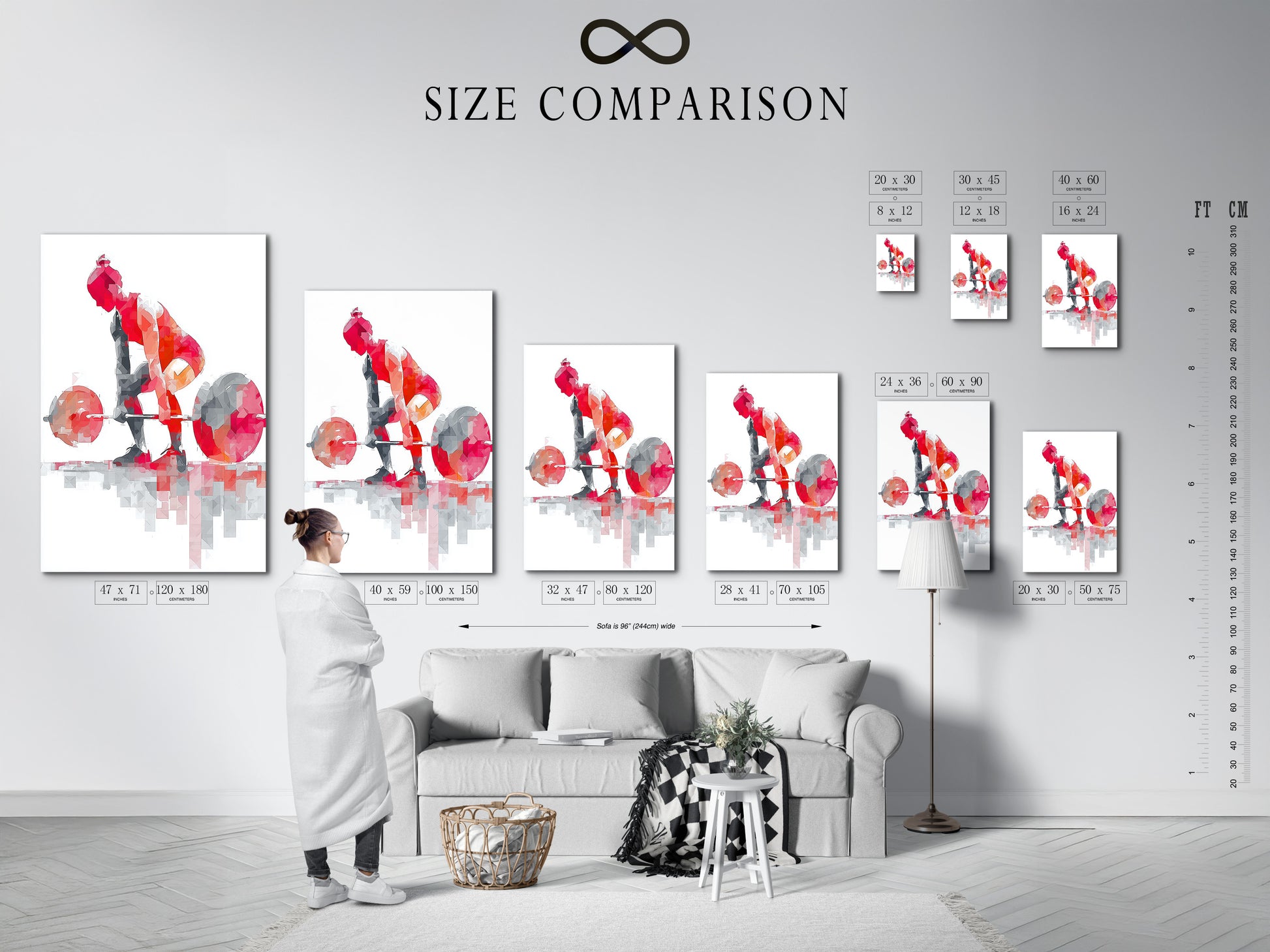 Size comparison chart displayed in an interior setting. See how the geometric fitness artwork fits in your space. The red abstract gym poster enhances any home gym or fitness studio.