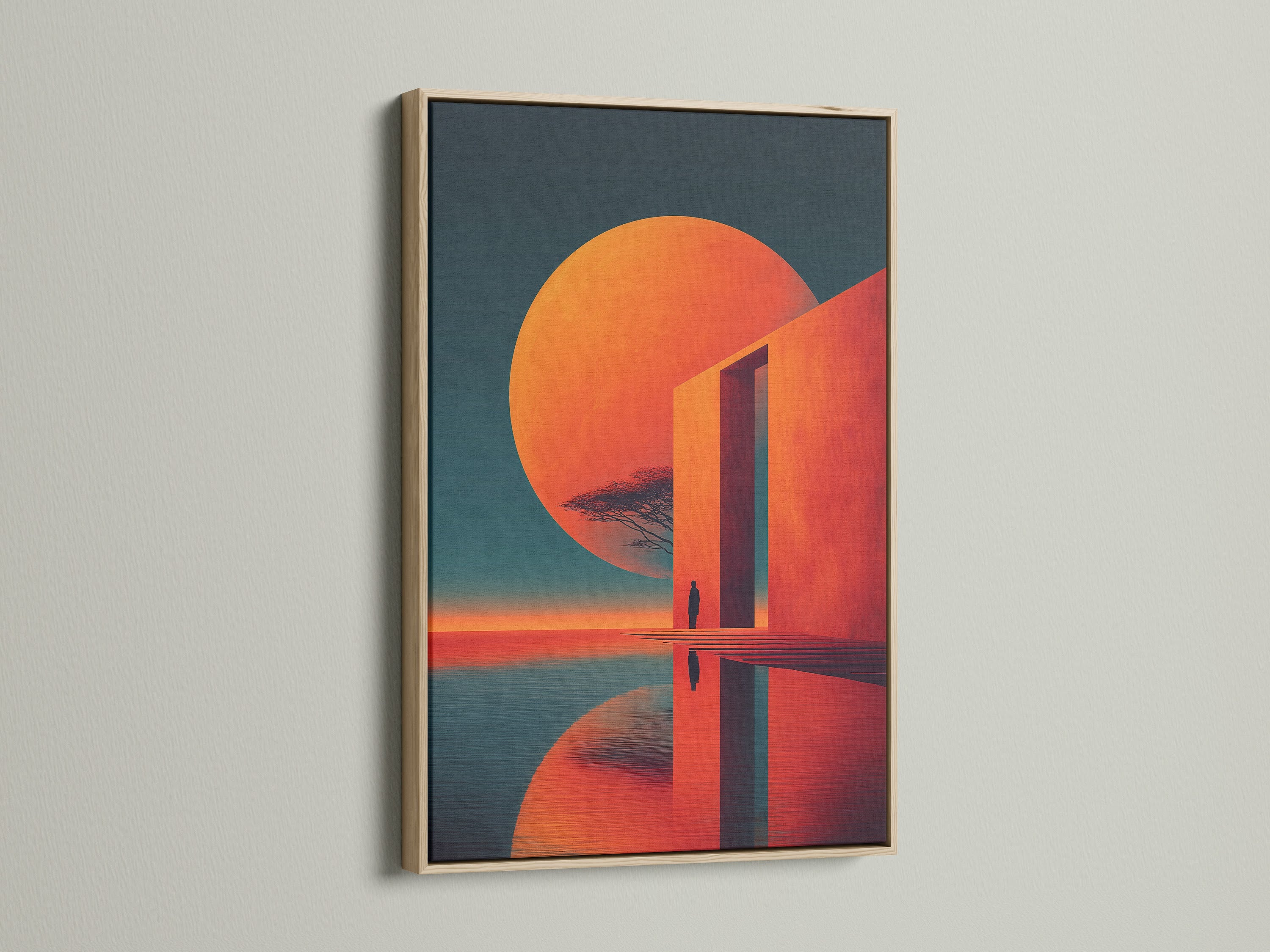 The abstract sunset art is showcased in an oak frame. The warm tones of the frame enhance the artwork's modern aesthetic. This geometric canvas print adds sophistication to any room. The coral and orange colors create a serene ambiance. Ideal for homeowners seeking refined art. Elevate your interior with this contemporary piece.