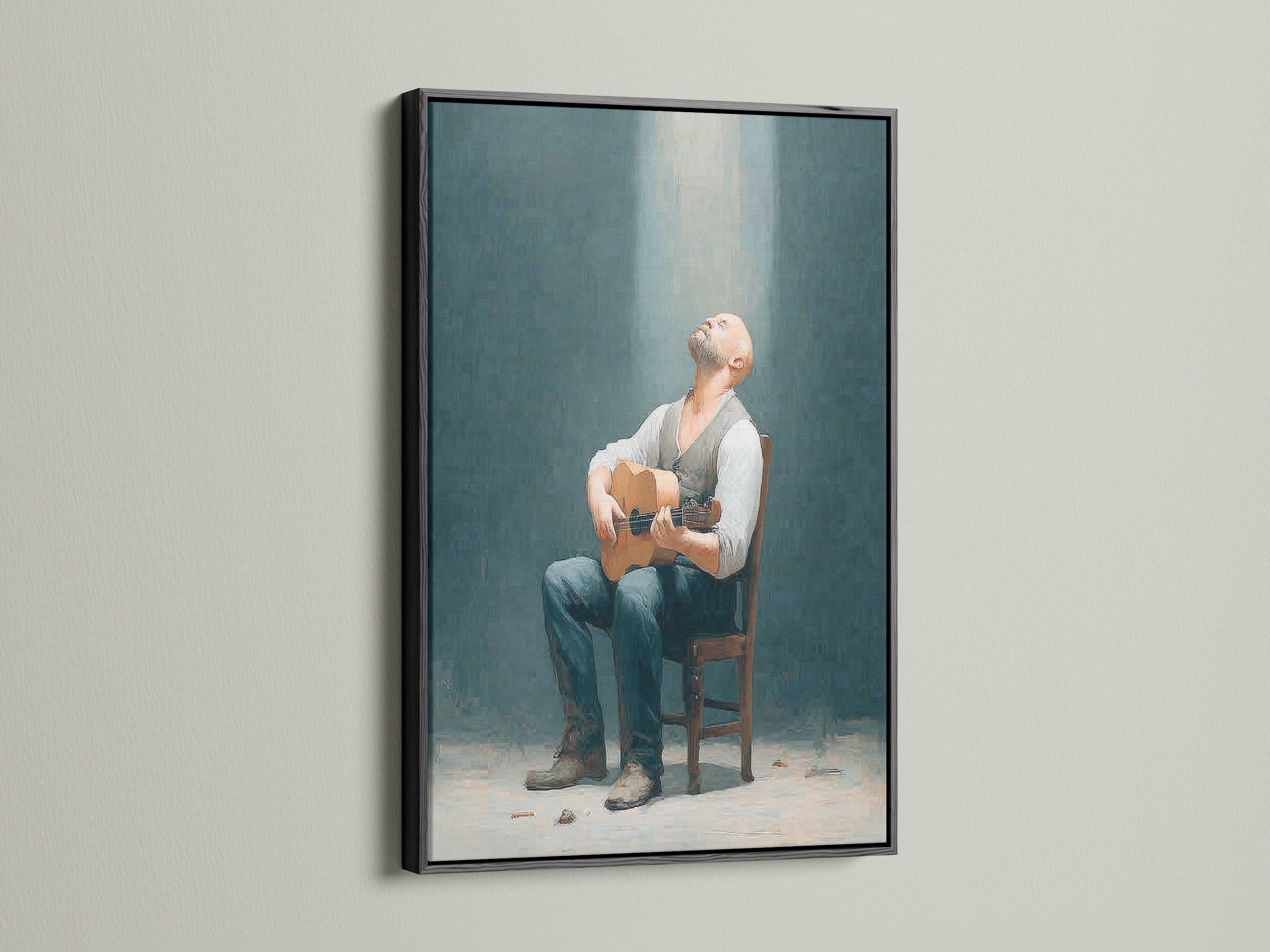 Rustic man with guitar art in a black frame. It enhances any space with vintage wall art. This man with guitar artwork is ideal for music enthusiasts. Elevate your decor today