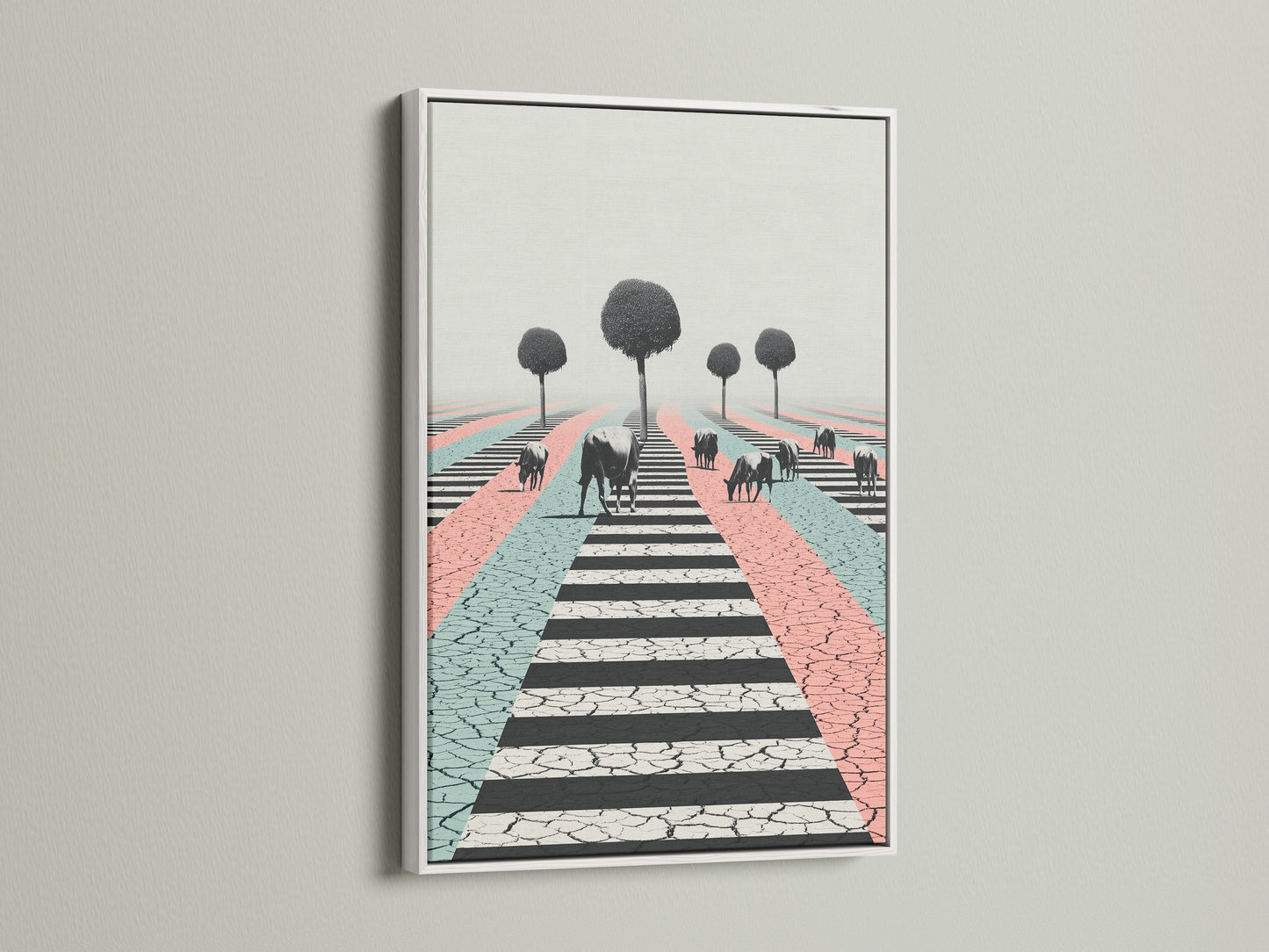 A white frame holds a captivating cow artwork print.  The surreal farm animal art includes pastel pink and green. Perfect for adding a modern touch. Frame options available for your unique home artwork.