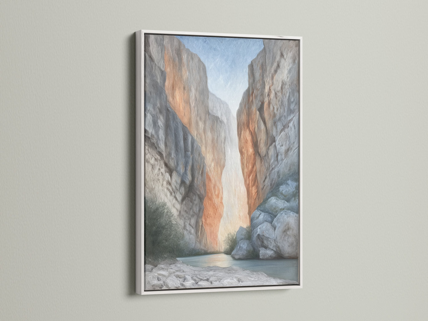 Enhance your home with this canyon photography in a white frame. Its neutral tones blend seamlessly with coastal and eclectic styles. It's perfect bedroom wall decor. The stone canyon artwork adds a modern touch.