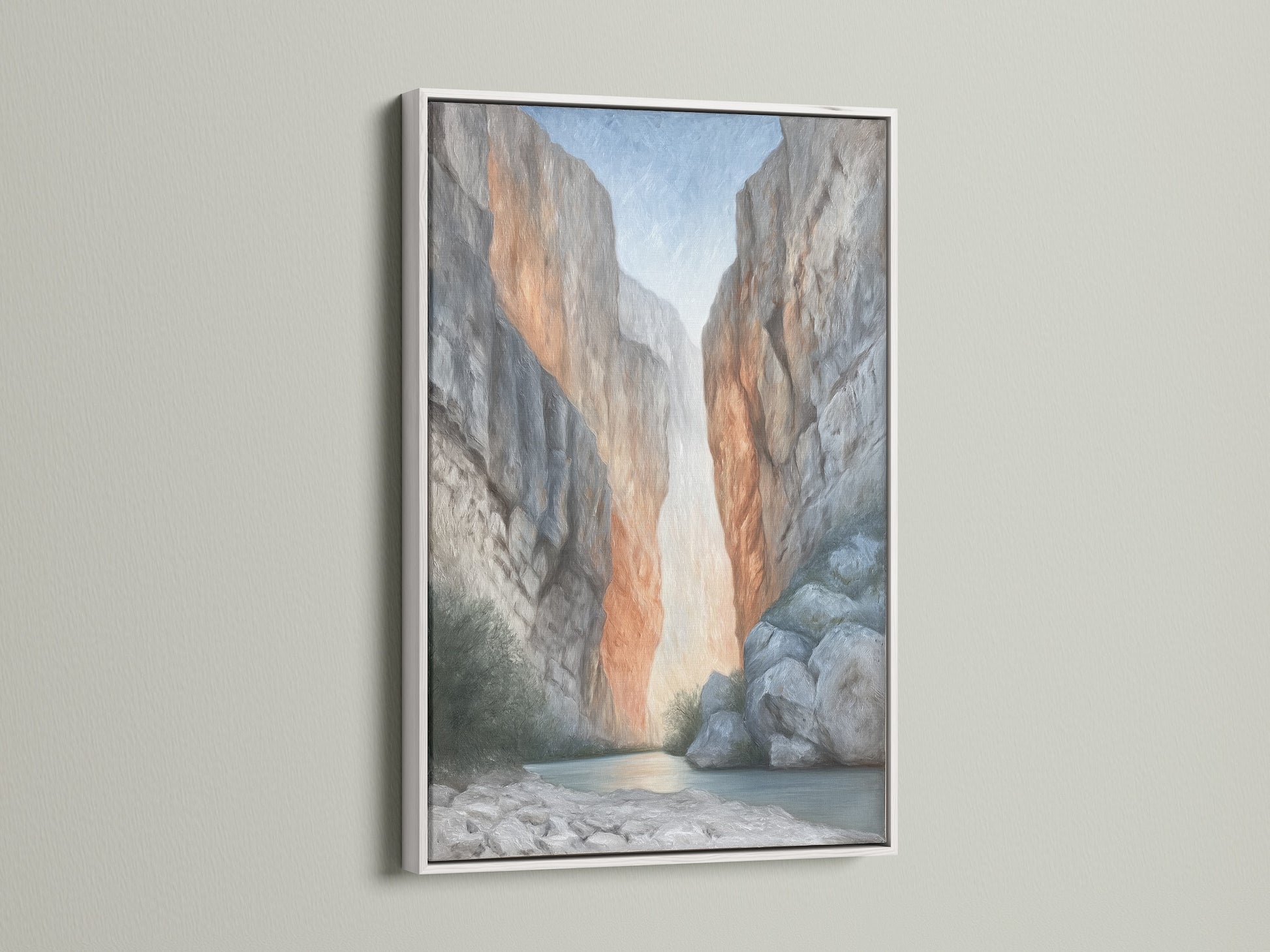 Enhance your home with this canyon photography in a white frame. Its neutral tones blend seamlessly with coastal and eclectic styles. It's perfect bedroom wall decor. The stone canyon artwork adds a modern touch.