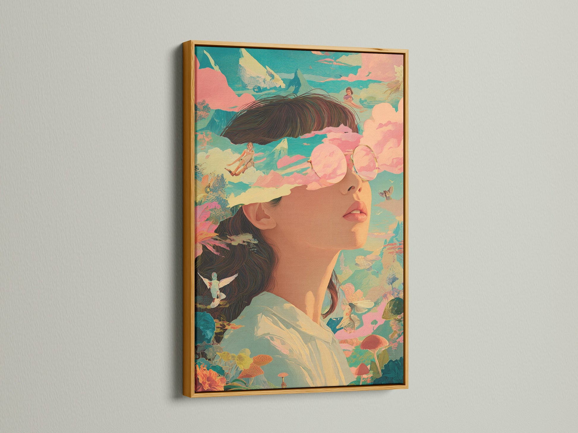 The artwork is elegantly displayed in a gold frame. The art portrays a woman with sunglasses and a background of clouds and nature. The gold frame adds a luxurious touch. Explore the impact of a gold frame on your artwork.