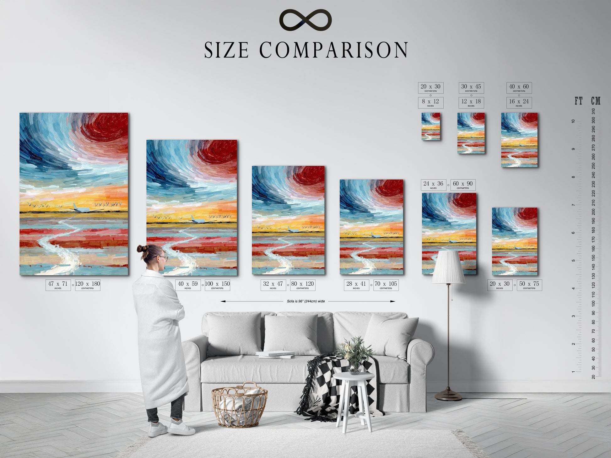 Compare sizes with this helpful chart in an interior setting. See how the airplane flight artwork fits different spaces. Choose the perfect size for your sky canvas art print. The modern art print enhances any room. Find the ideal aviation gift today.