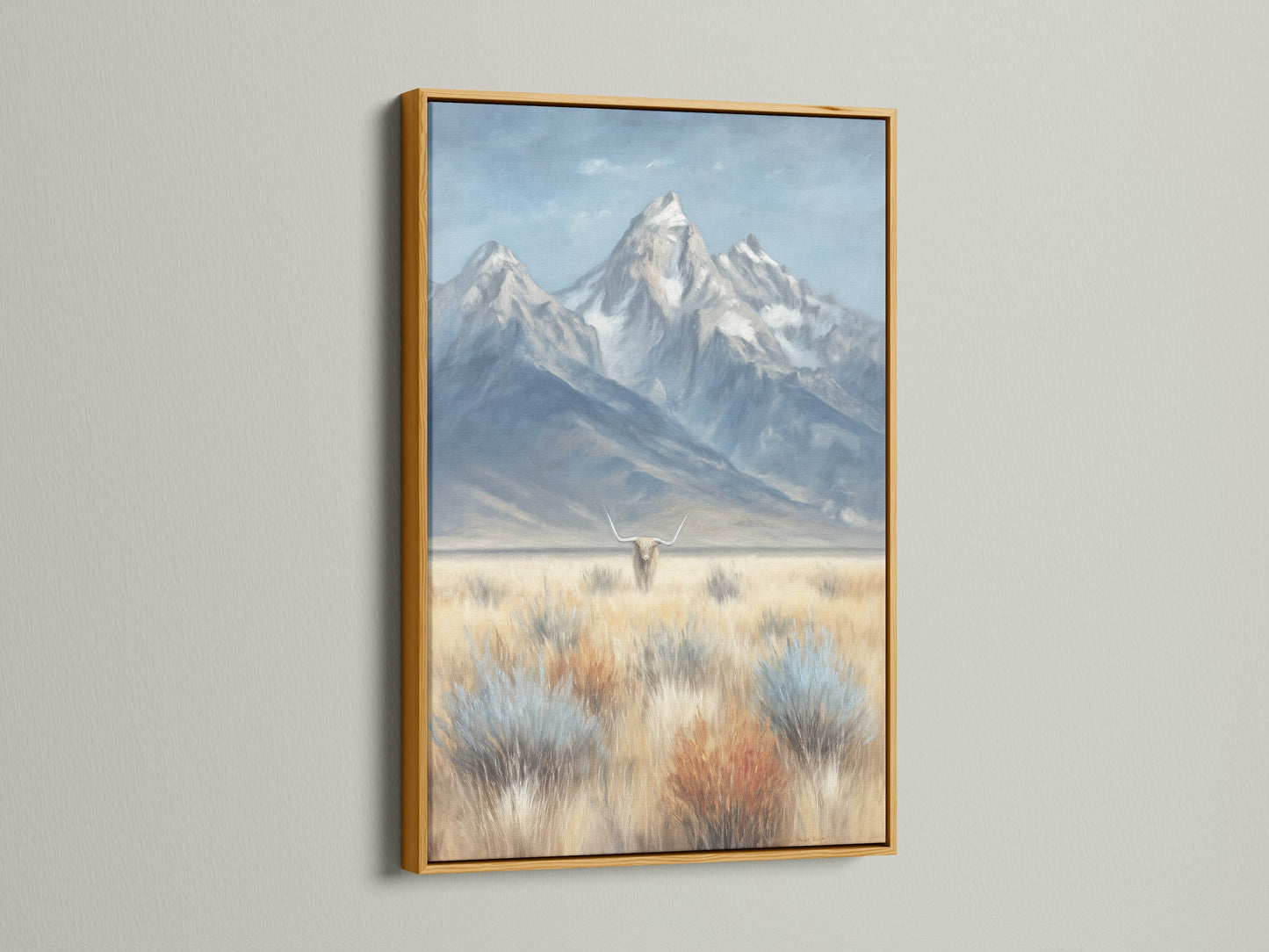 A gold frame highlights the mountain and highland cattle artwork. This piece adds a touch of sophistication to rustic farmhouse wall art. The golden accent enhances the countryside artwork. Perfect for creating an inviting atmosphere in cabins lodges clinics and cafรฉs.