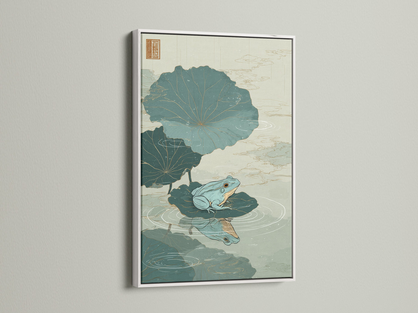 Artwork featuring a green frog sitting on a lily pad in a white frame. The white frame offers a clean and modern look. This framed artwork brightens up any room. Enhance your home with this elegant piece. A perfect gift for art enthusiasts. Shop now for unique framed art.