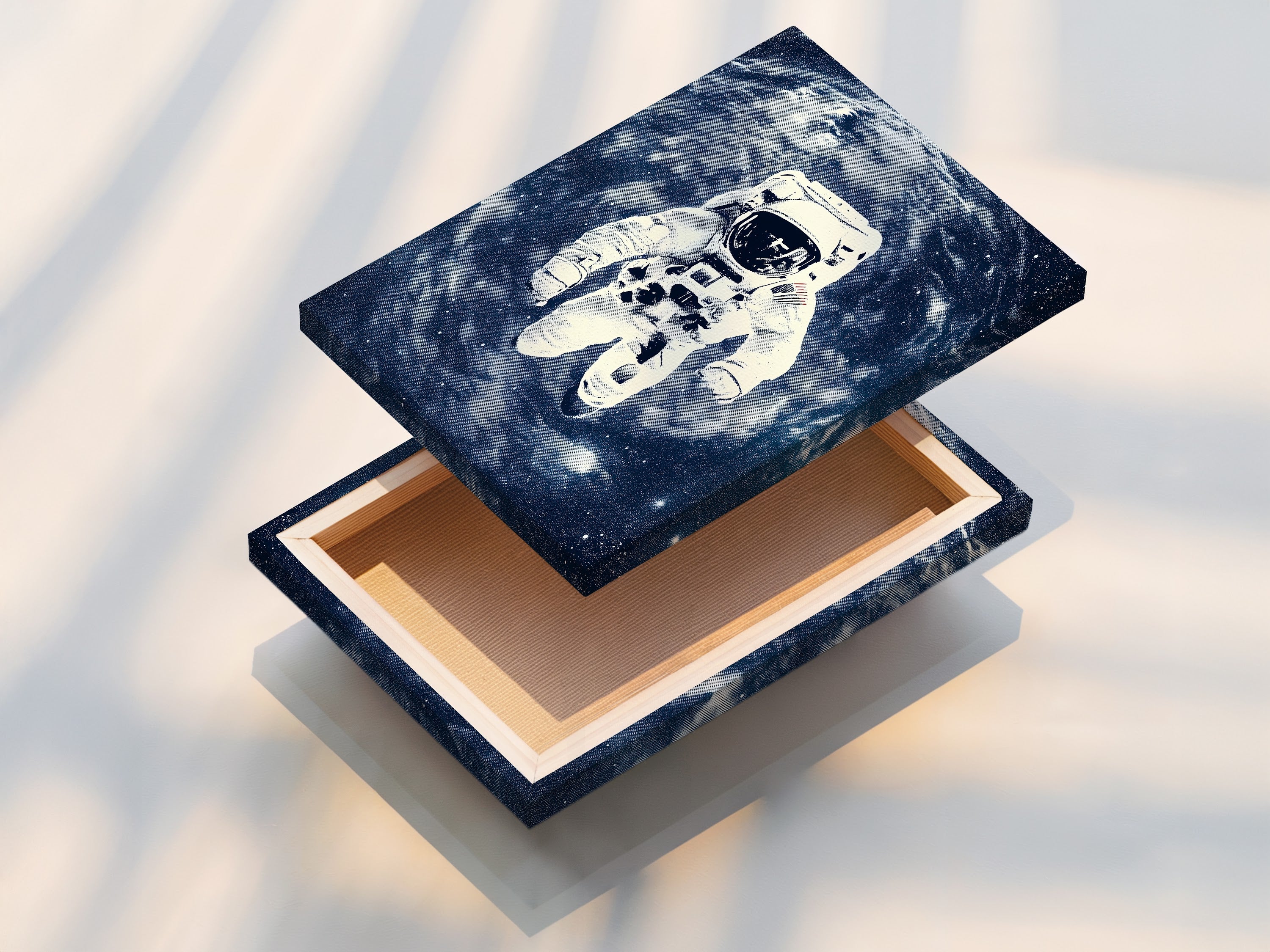 The stretched canvas print features astronaut space art with a blue galaxy backdrop. This ready-to-hang artwork is perfect for modern homes and offices. It enhances any space with cosmic beauty. A vintage NASA poster for collectors.