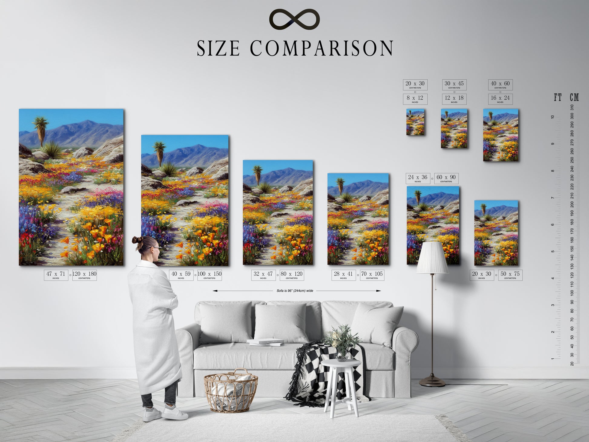 A size comparison chart in an interior setting. See how the desert wildflower artwork fits in different spaces. Visualize the impact of this colorful landscape print. This chart helps you choose the perfect size for your Southwest decor. Transform your room with nature art.