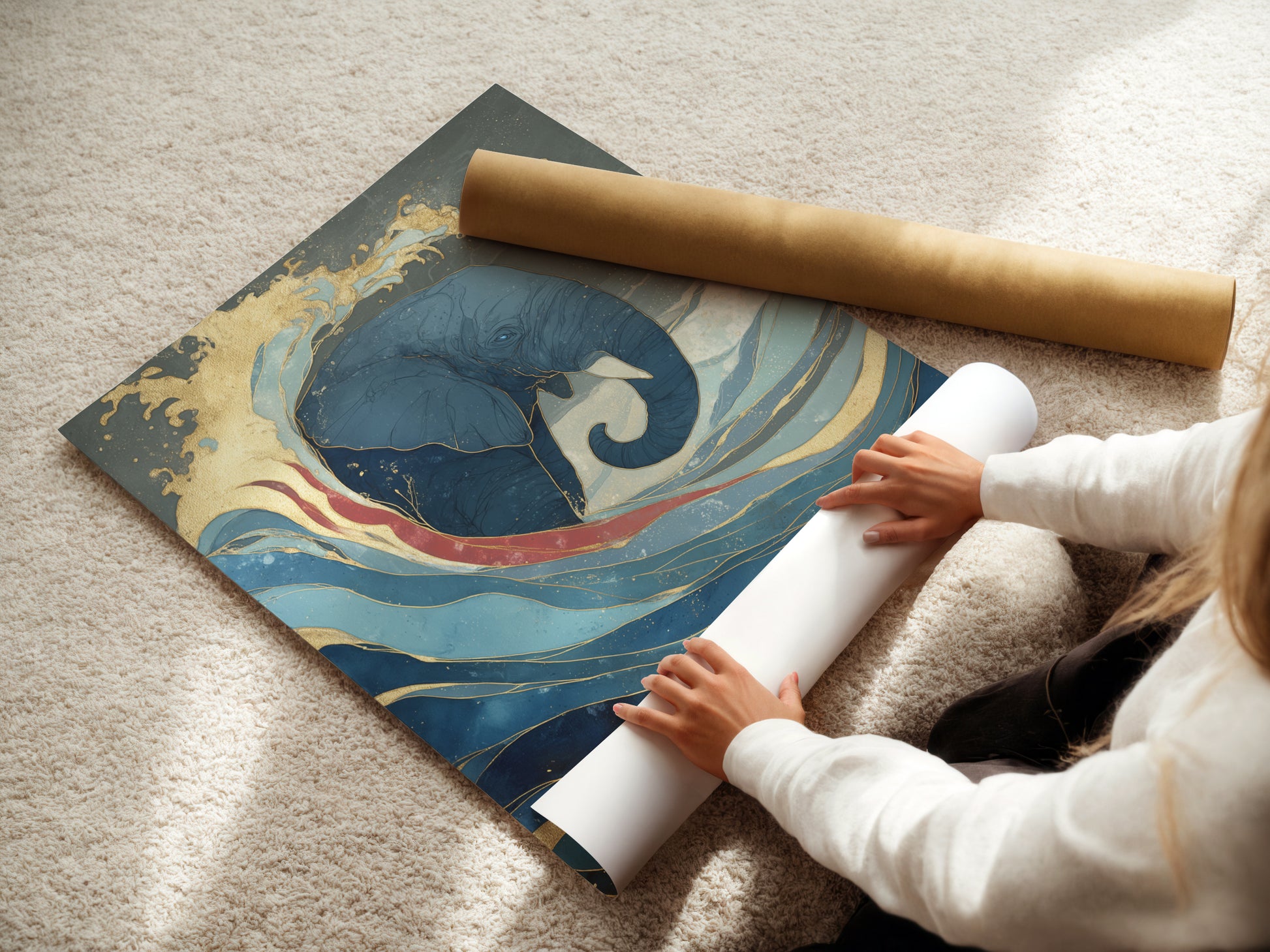 A woman is carefully rolling a fine art poster paper print of the elephant and wave artwork. The blue and gold abstract artwork is printed on high-quality fine art paper. This ensures the colors and details are vibrant and long-lasting.