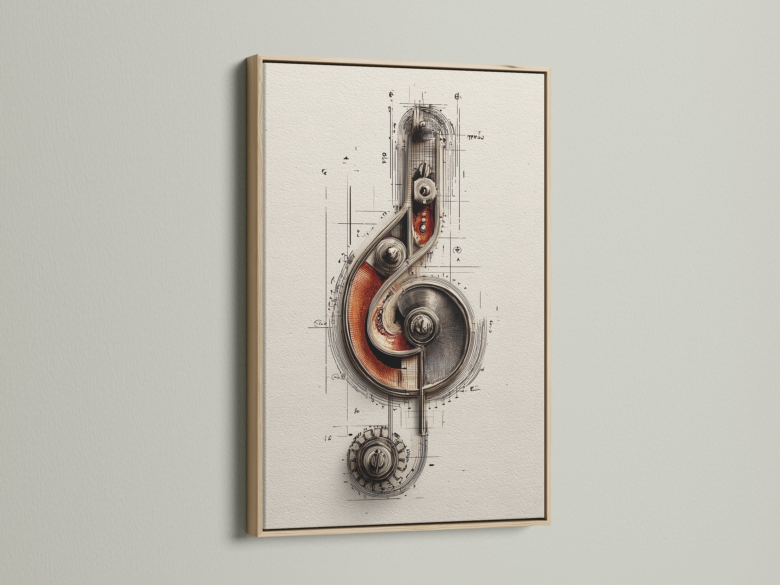A steampunk music note artwork is framed in oak. The mechanical treble clef wall art is a vintage drawing. The industrial decor is ideal for a music room. The beige artwork is an ideal gift for music enthusiasts and steampunk fans.