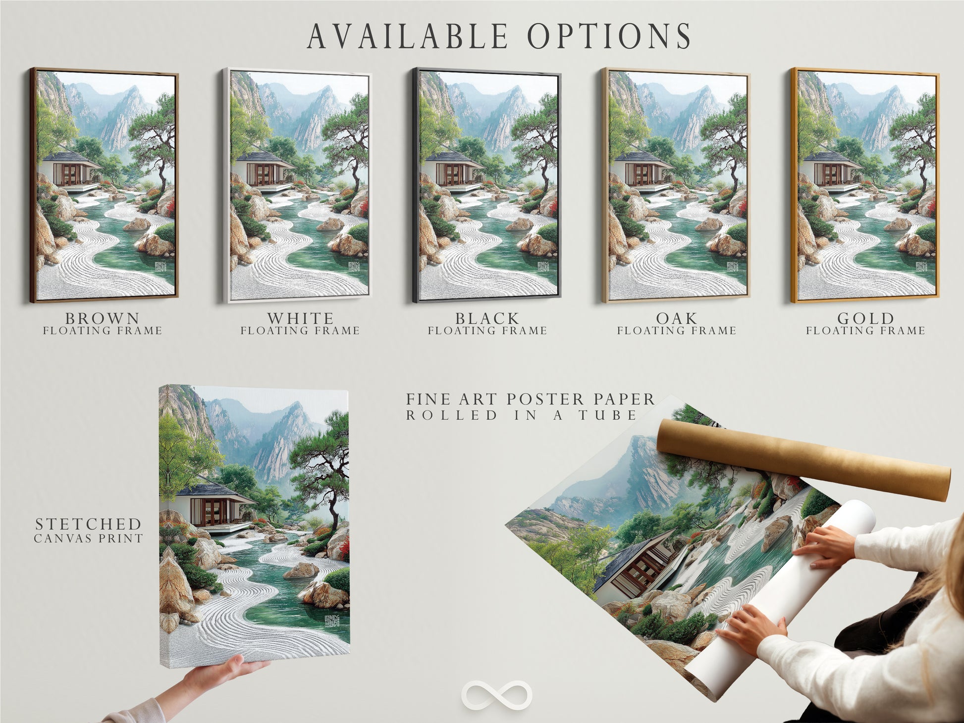Explore available options for your Zen Garden artwork. Choose from a stretched canvas print fine art poster paper or a floating frame. Customize your art to match your style. Enhance your decor with Asian landscape art. Perfect for any space.