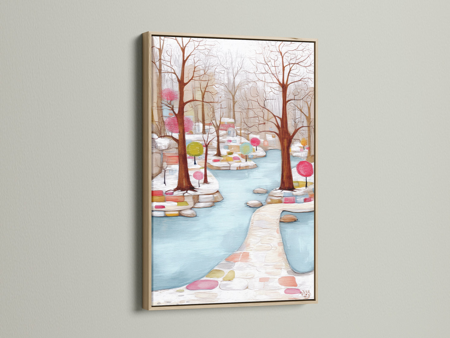 The Winter Garden canvas artwork is showcased in an oak frame. This bare trees print is perfect for hallway wall decor. The pastel color art will brighten your space. It is ideal for living rooms and bedrooms. This modern art print is a must-have.