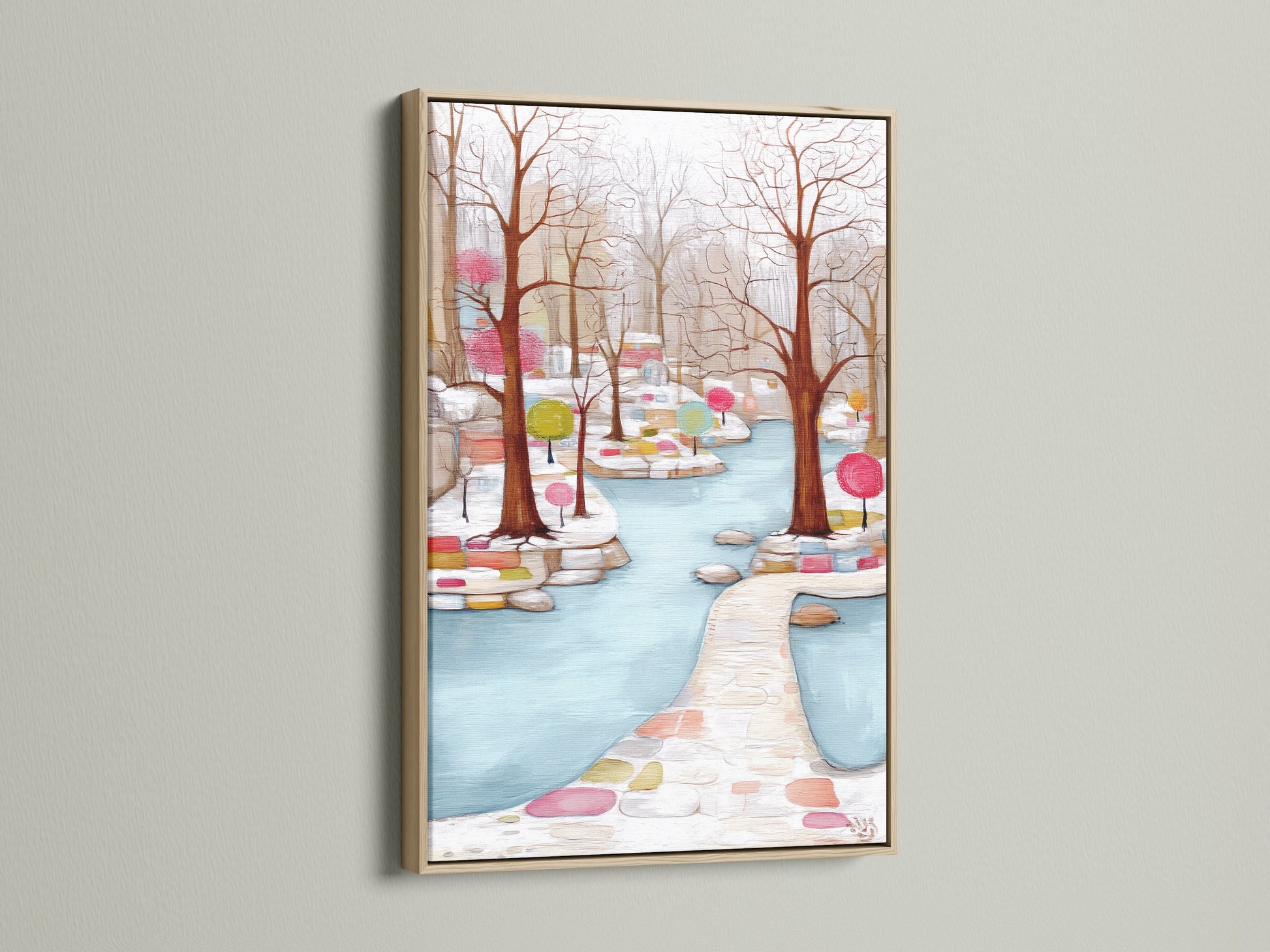 The Winter Garden canvas artwork is showcased in an oak frame. This bare trees print is perfect for hallway wall decor. The pastel color art will brighten your space. It is ideal for living rooms and bedrooms. This modern art print is a must-have.