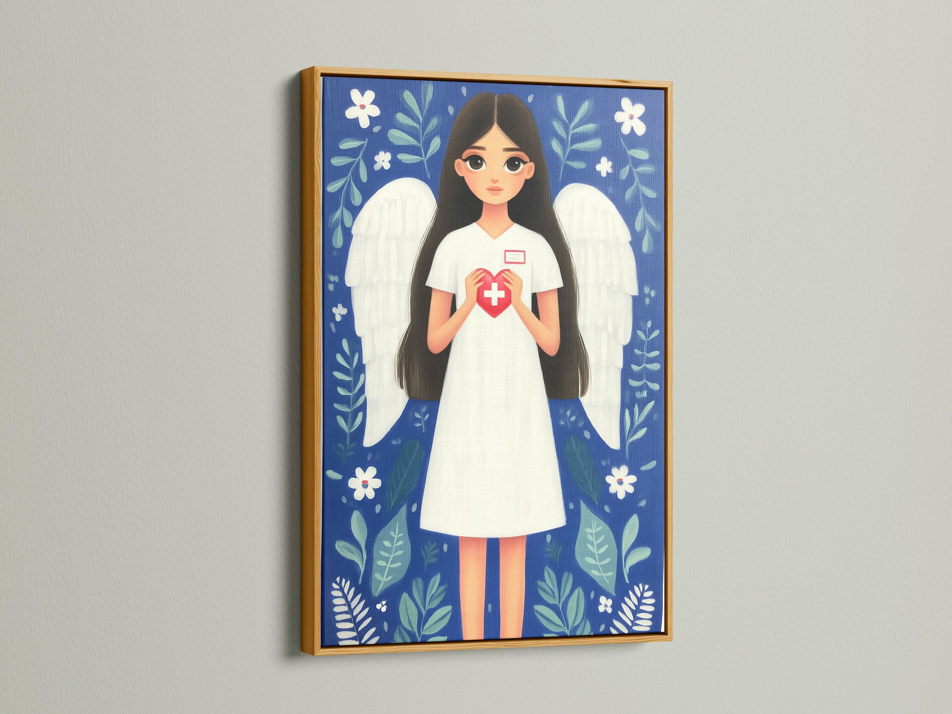 Nurse Angel canvas print in a gold frame. It is a luxurious tribute to healthcare professionals. The illustration depicts a nurse with angel wings holding a heart with a medical cross. This artwork is a perfect blend of elegance and appreciation for any medical setting.