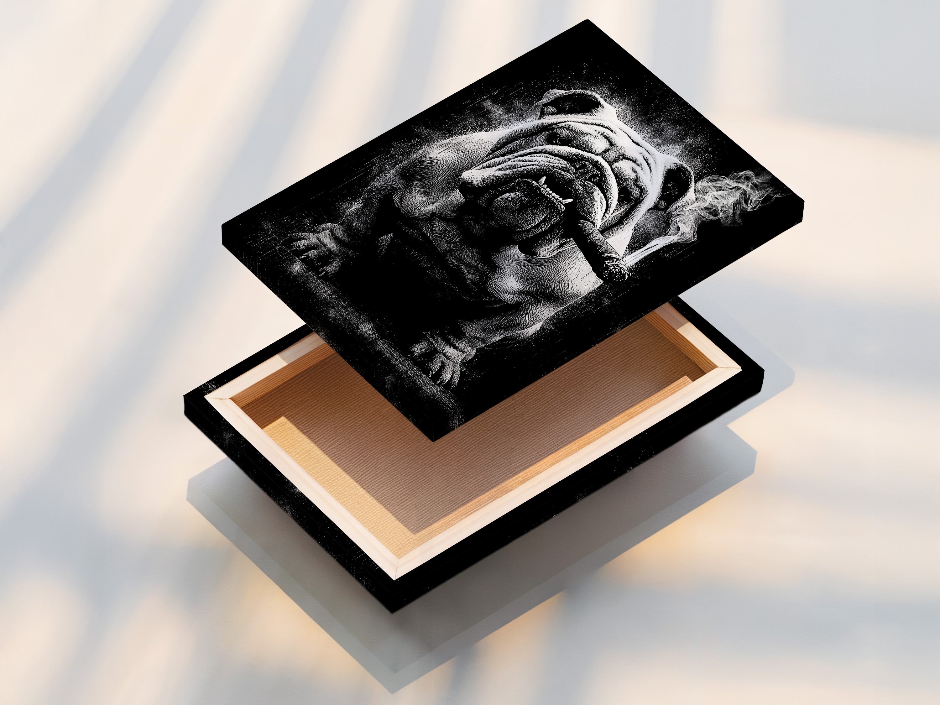 Stretched canvas print of a bulldog smoking. This ready-to-hang artwork adds instant style to your walls. The stretched canvas provides a gallery-quality look. Enhance your space with this unique canvas print.