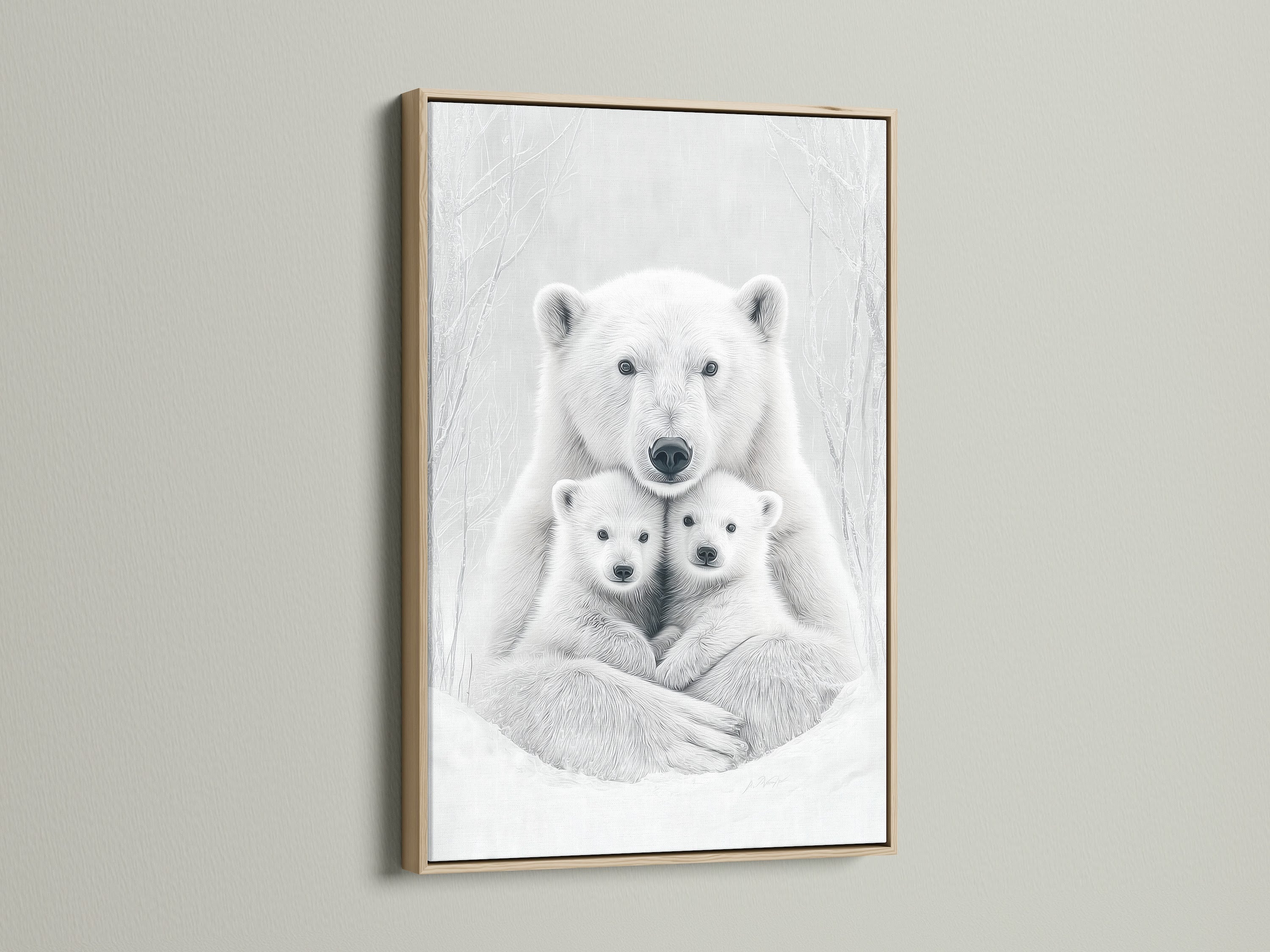 This is a oak frame showcasing a polar bear family artwork. The natural wood tone enhances the monochrome animal canvas. It is ideal for creating a cozy nursery wall decor or bedroom wall decor.