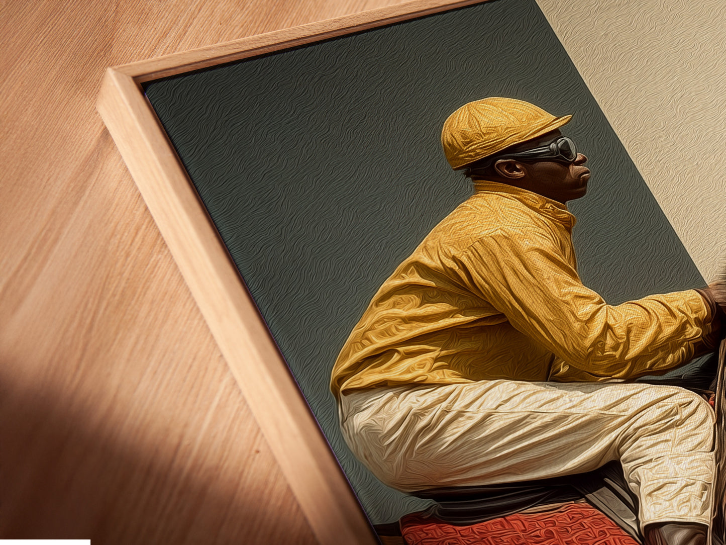 A close-up angled view of a canvas print. It features a floating frame. The floating frame enhances the artwork's visual appeal. Experience the beauty and depth of our canvas prints in floating frames.